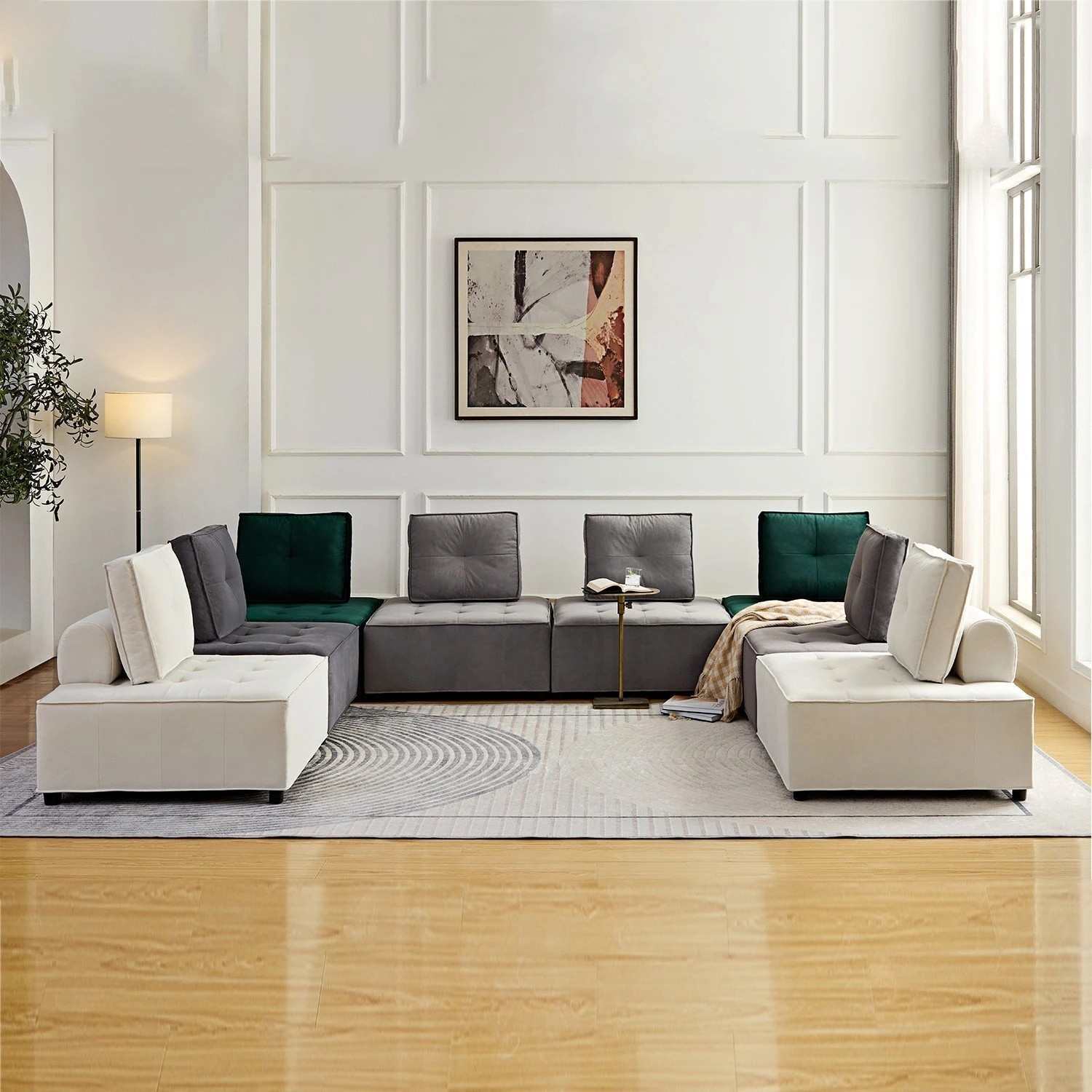 3 Foret 6pc Armless Seat Modular Extension Ottoman Couch Velvet Sofa Light Grey, 3 of 9