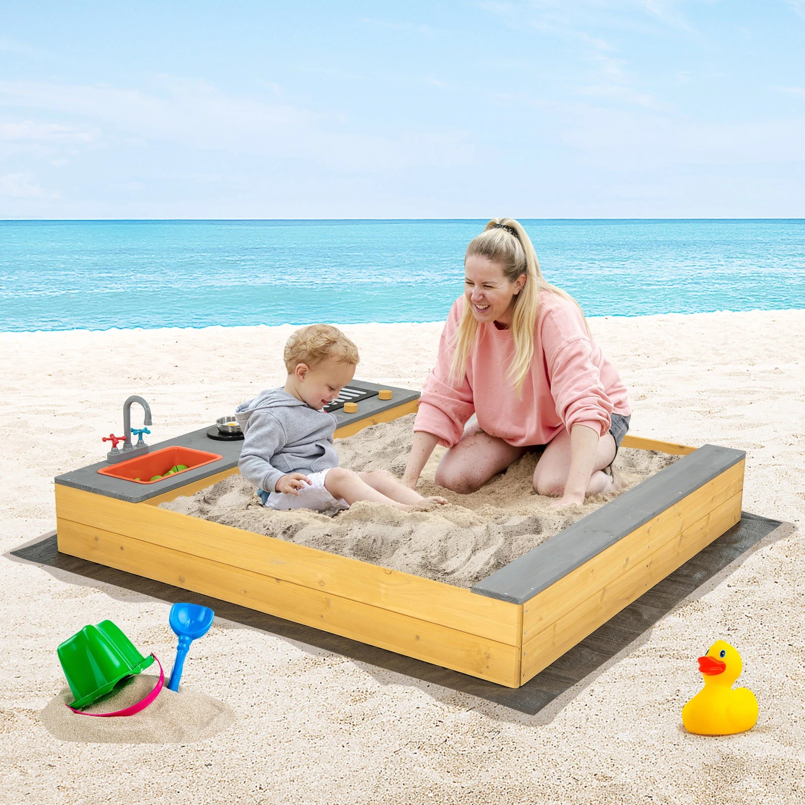 3 Costway Wooden Sandbox Garden Bed Sand Pit w/Kitchen Playset, 3 of 3