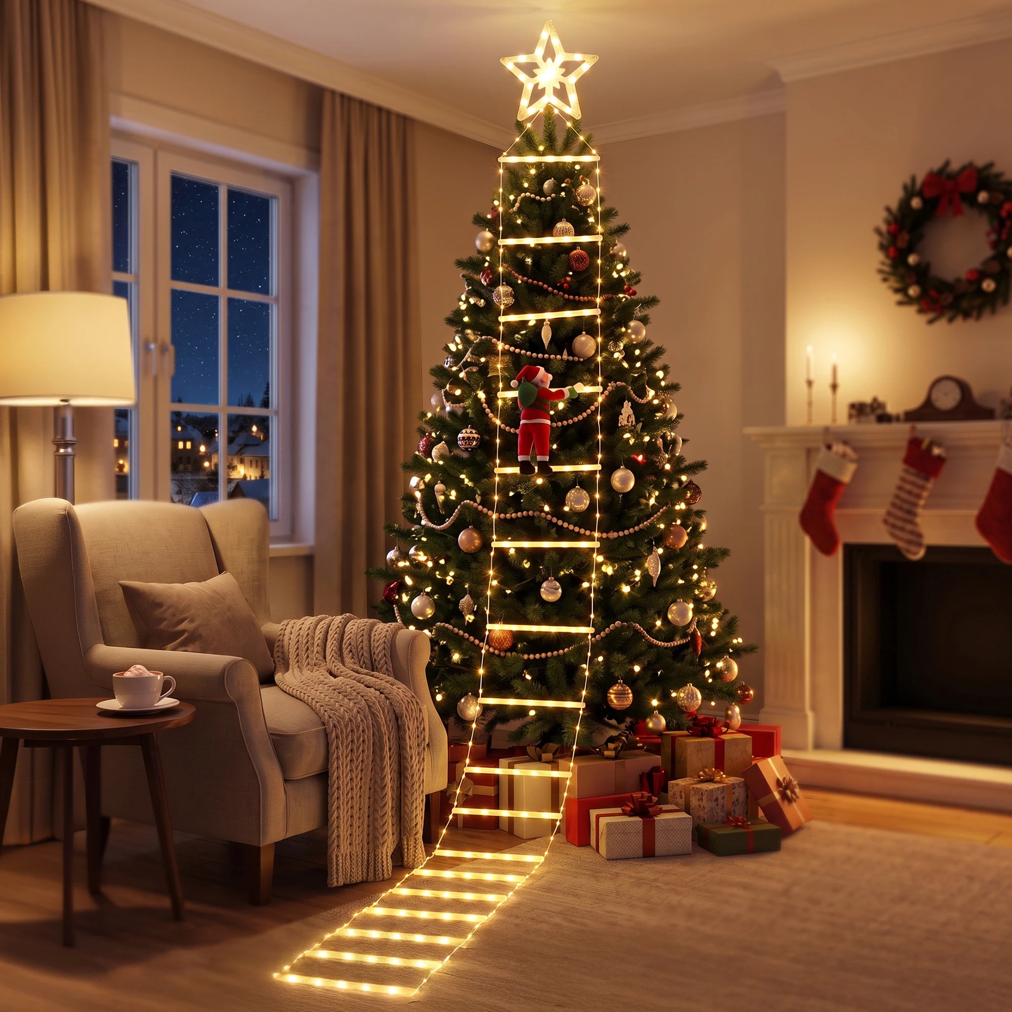 6 Jingle Jollys Christmas Ladder Lights Santa 3.4m 328LED Hanging Decor Warm - Gold, 6 of 8