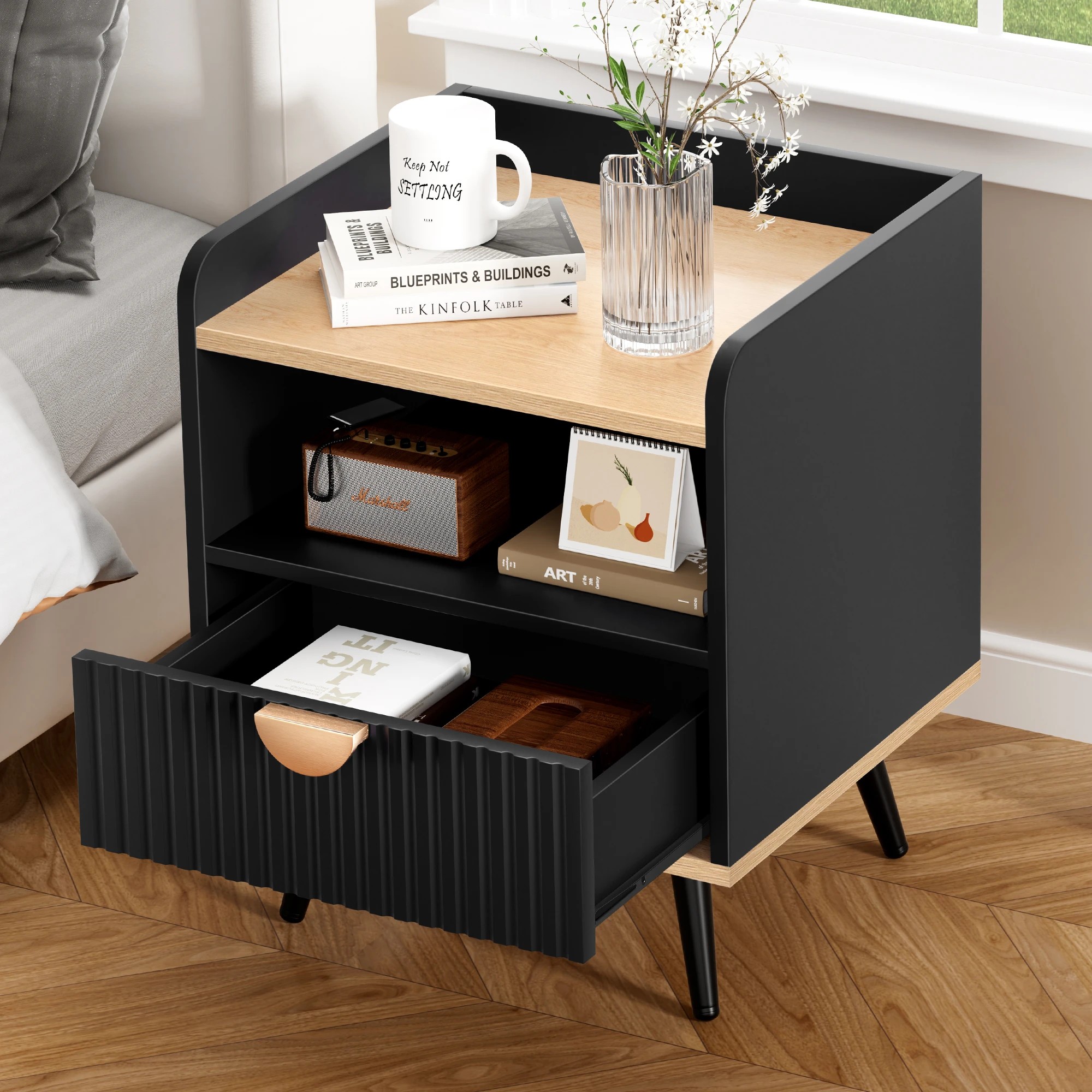 7 Alfordson 2x Alfordson Bedside Table with Drawer - Black, 7 of 9