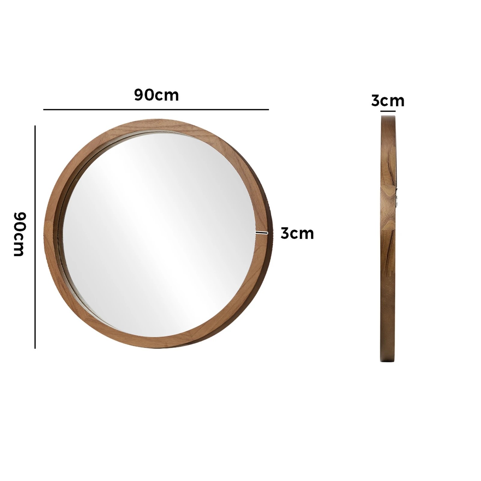 2 Oikiture Wall Mirrors 90cm Round Large Makeup Mirror Bathroom Home Decor - Brown, 2 of 7