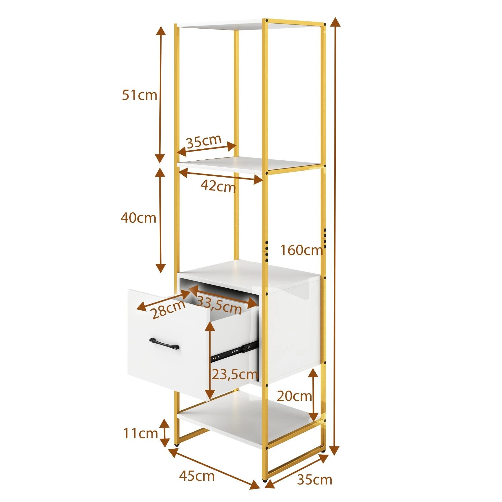 3 Costway 5-Tier Metal Frame Bookshelf Bookcase w/Drawer Tall Narrow Shelves Storage Organizer - White, 3 of 4