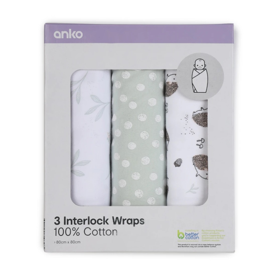 3 3 Pack Cotton Interlock Wraps - Hedgehog, 3 of 6