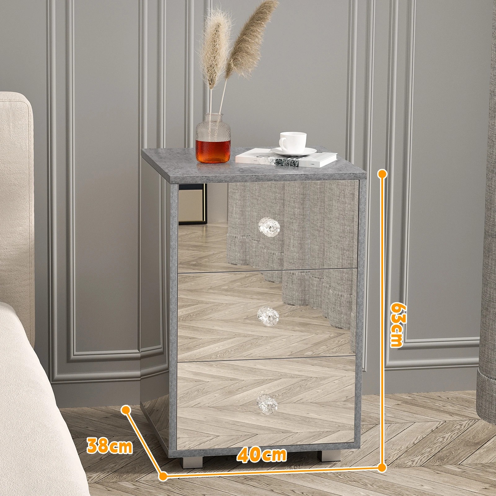 3 Advwin Mirrored Bedside Table Side Table Nightstand Storage Caninet, 3 of 4