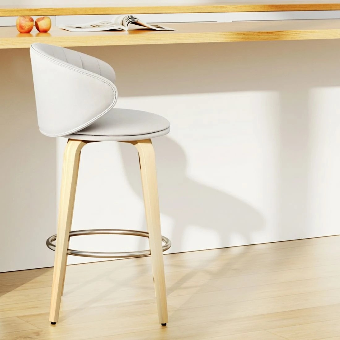 5 2x Artiss Bar Stools Dining Chairs Contou Leather Wood Stool - Beige, 5 of 6