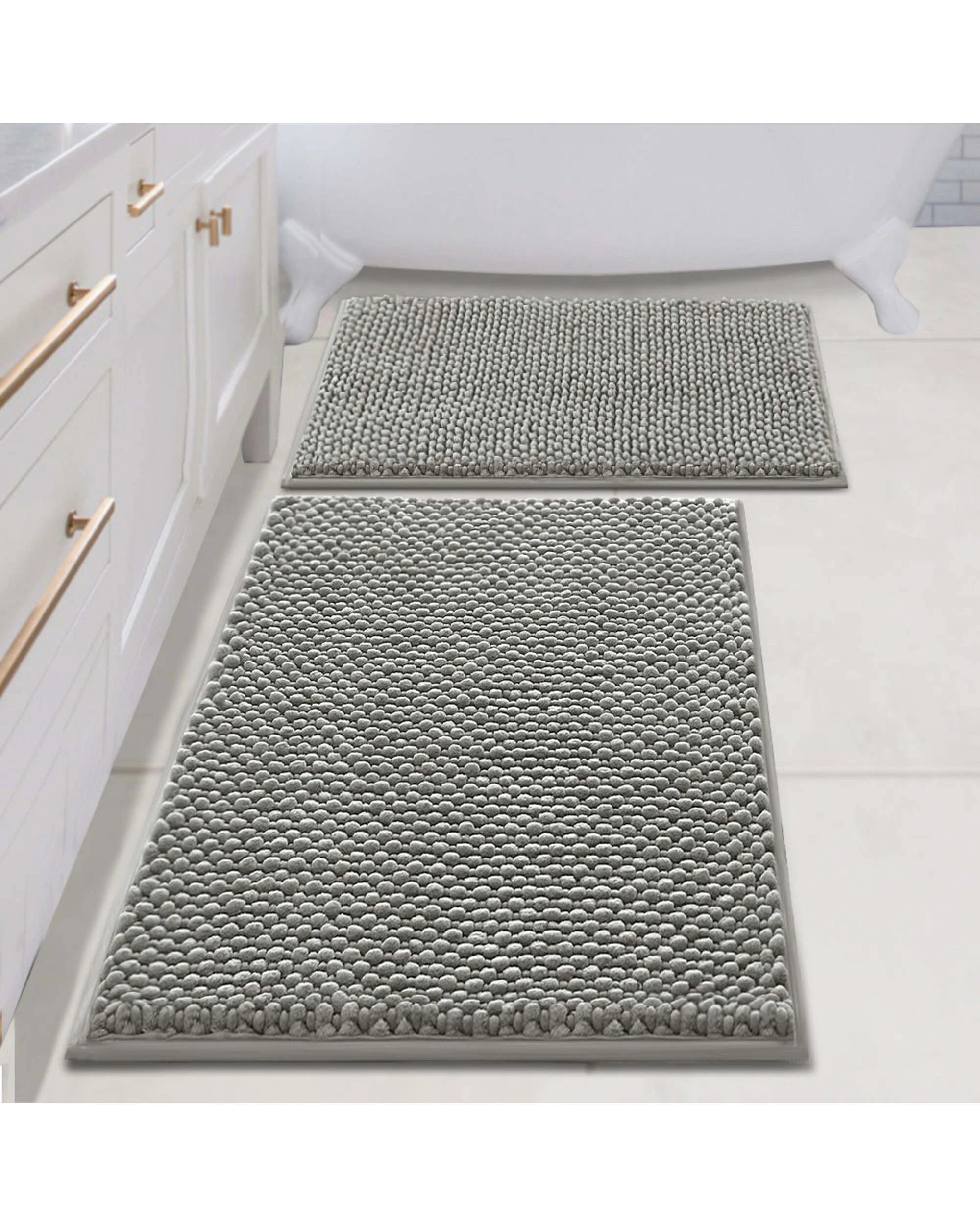 1 Smarcute Chenille Absorbent Bath Mat 2 Piece - 50x81cm & 43x61cm - Grey, 1 of 4