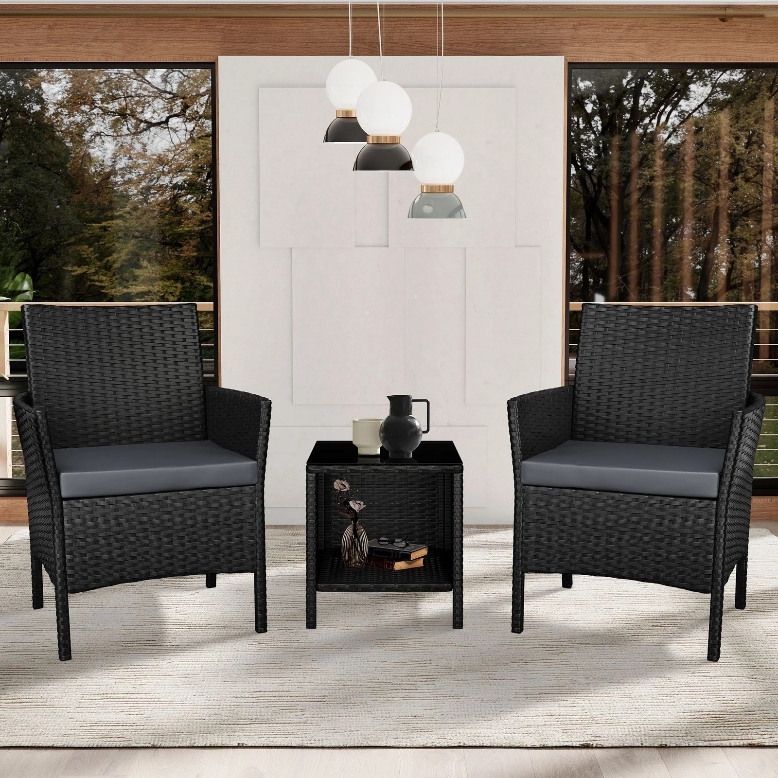 6 Alfordson Outdoor Furniture 3PCS Wicker Bistro Set Patio Chairs Table - Black, 6 of 8