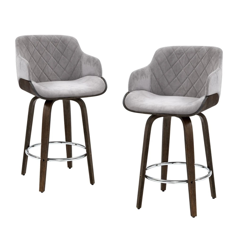 1 Artiss 4x Bar Stools Swivel Velvet Padded Wooden - Grey, 1 of 5
