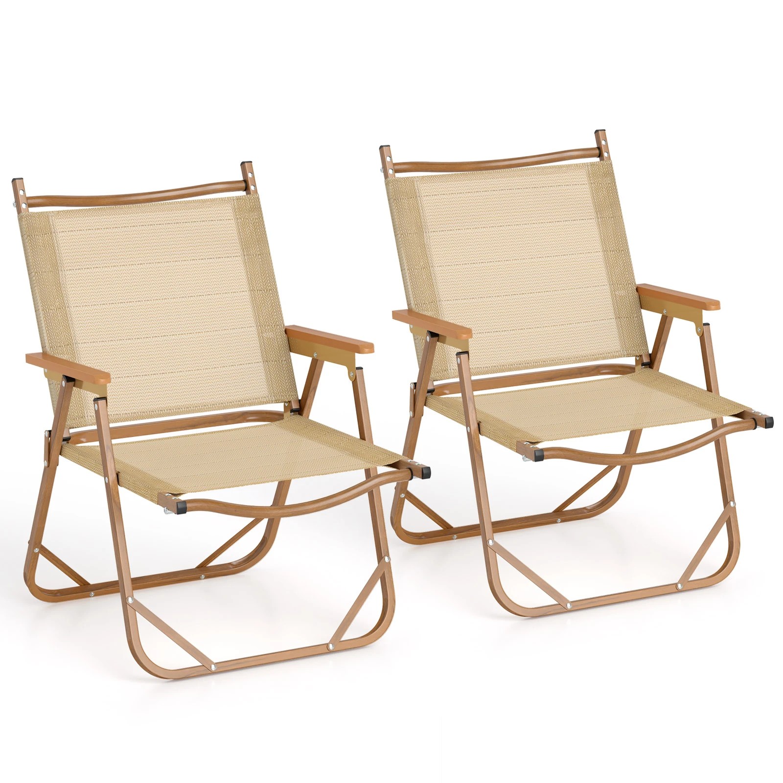 1 Costway 2x Portable Camping Chairs Folding Beach Chairs w/Aluminum Frame & Armrests Support 180KG - Beige, 1 of 4