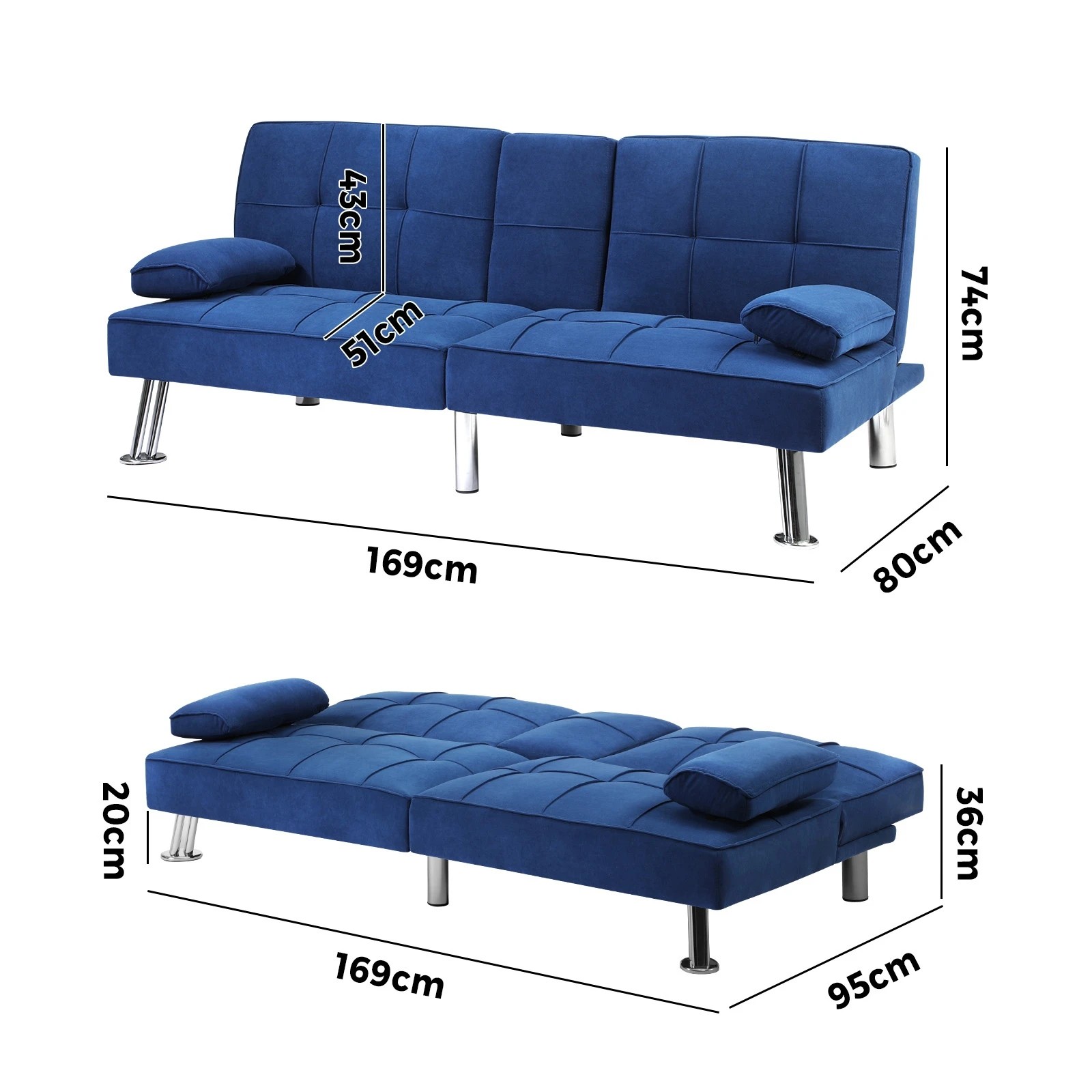 10 Oikiture Sofa Bed Lounge 3 Seater Couch Recliner Sofabeds Cup Holder Velvet
 - Blue, 10 of 10