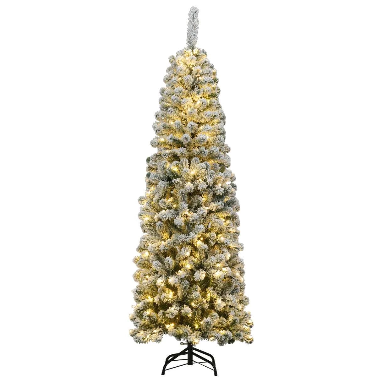 1 Costway 1.8M (6ft) Snowy Slim Artificial Christmas Tree w/250 Warm Lights, 1 of 3