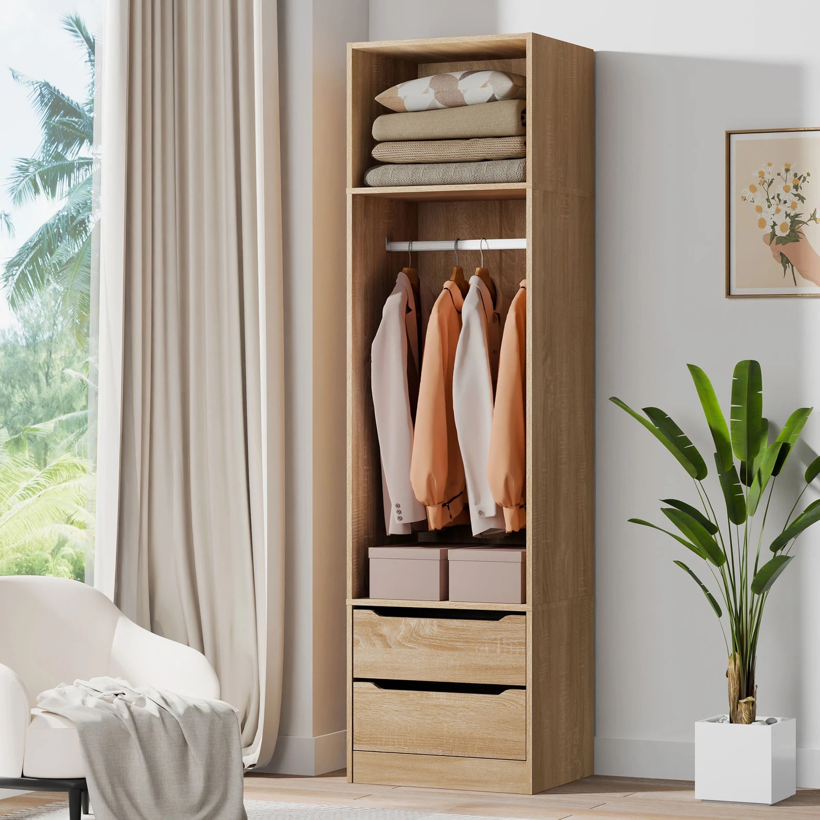 2 Alfordson Wardrobe 2 Drawers Clothes Storage Cabinet Hanging Rod - Oak, 2 of 10