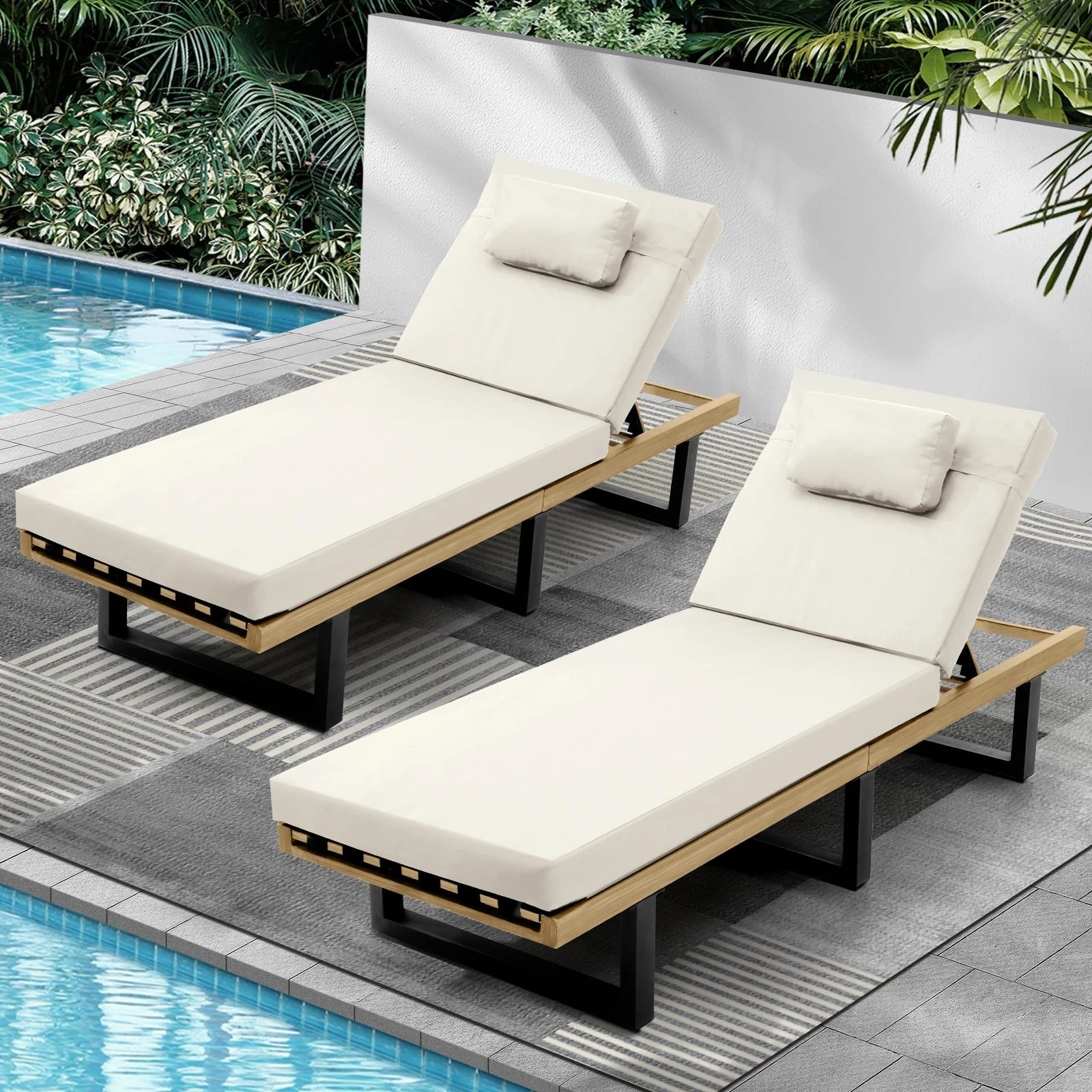 2 Livsip 2x Sun Lounge Outdoor Lounger Patio Furniture Setting Day Bed Garden
 - Beige, 2 of 9