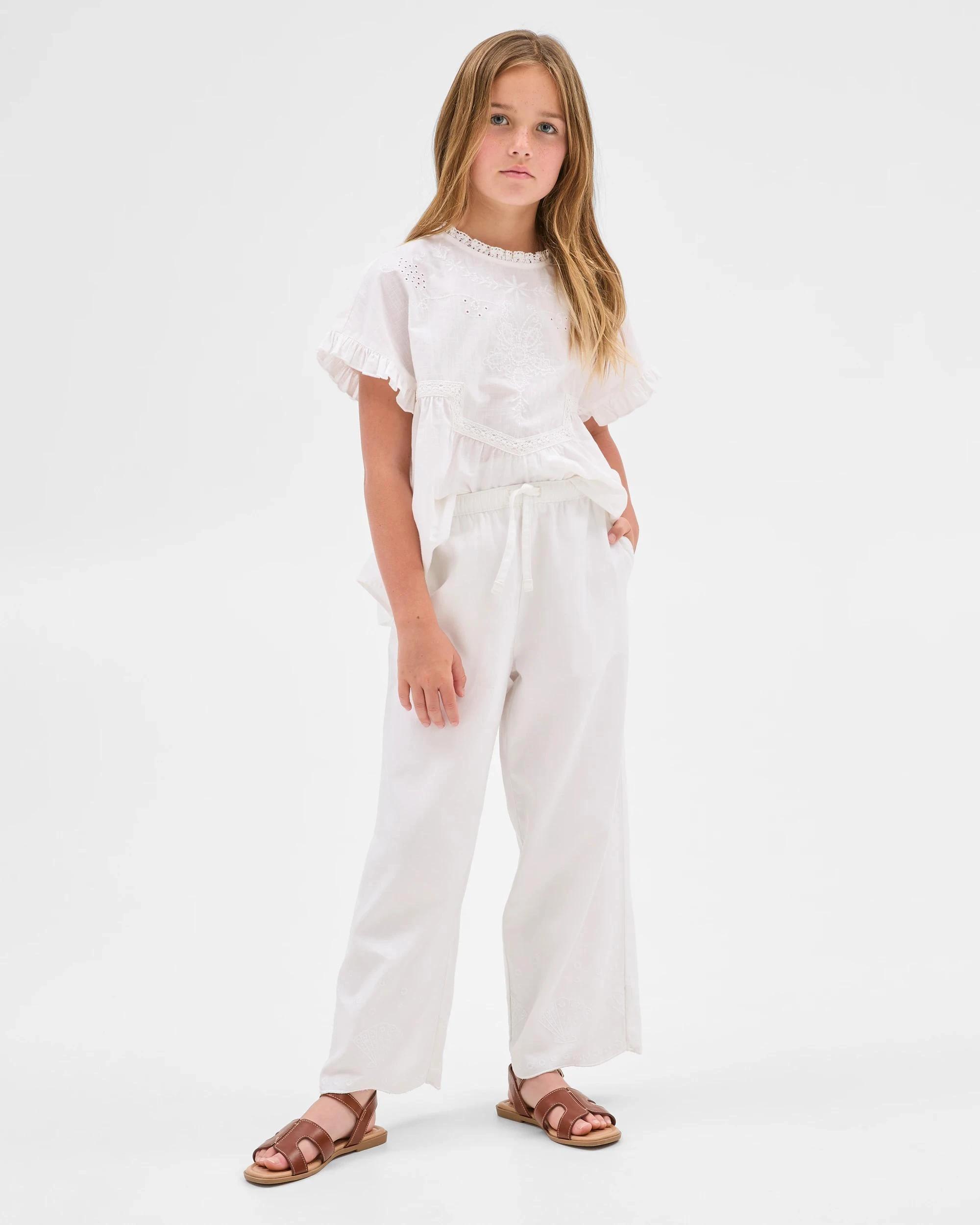 1 Target Kids Wide Leg Embroidered Hem Pants BRILLIANT WHITE, 1 of 5