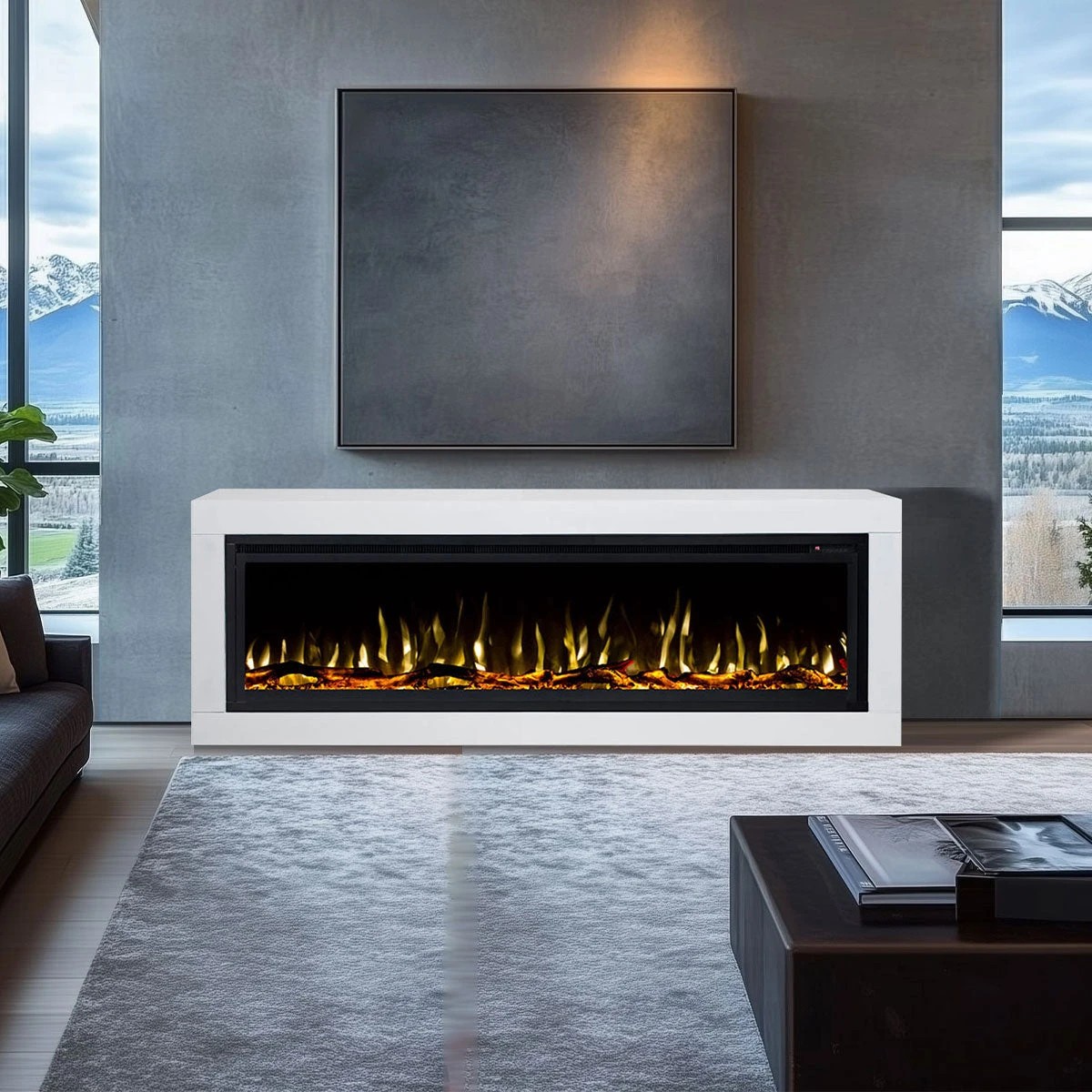 1 Moda Living Concerto 60 inch Electric Fireplace Insert with Horizon White Mantel Suite - White, 1 of 7
