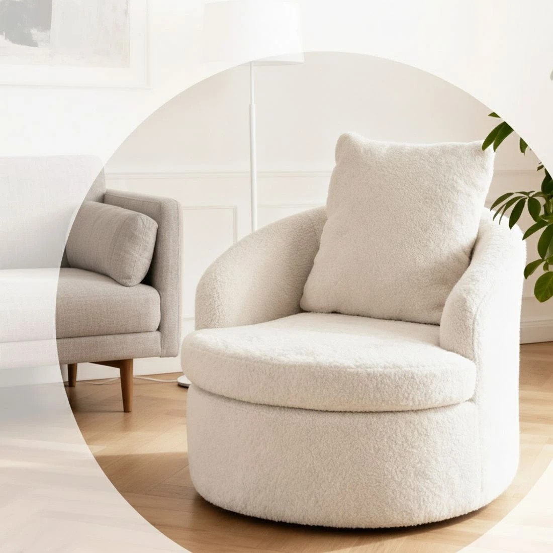 4 Artiss Swivel Chair Round Armchair Extra Pillow - White, 4 of 5