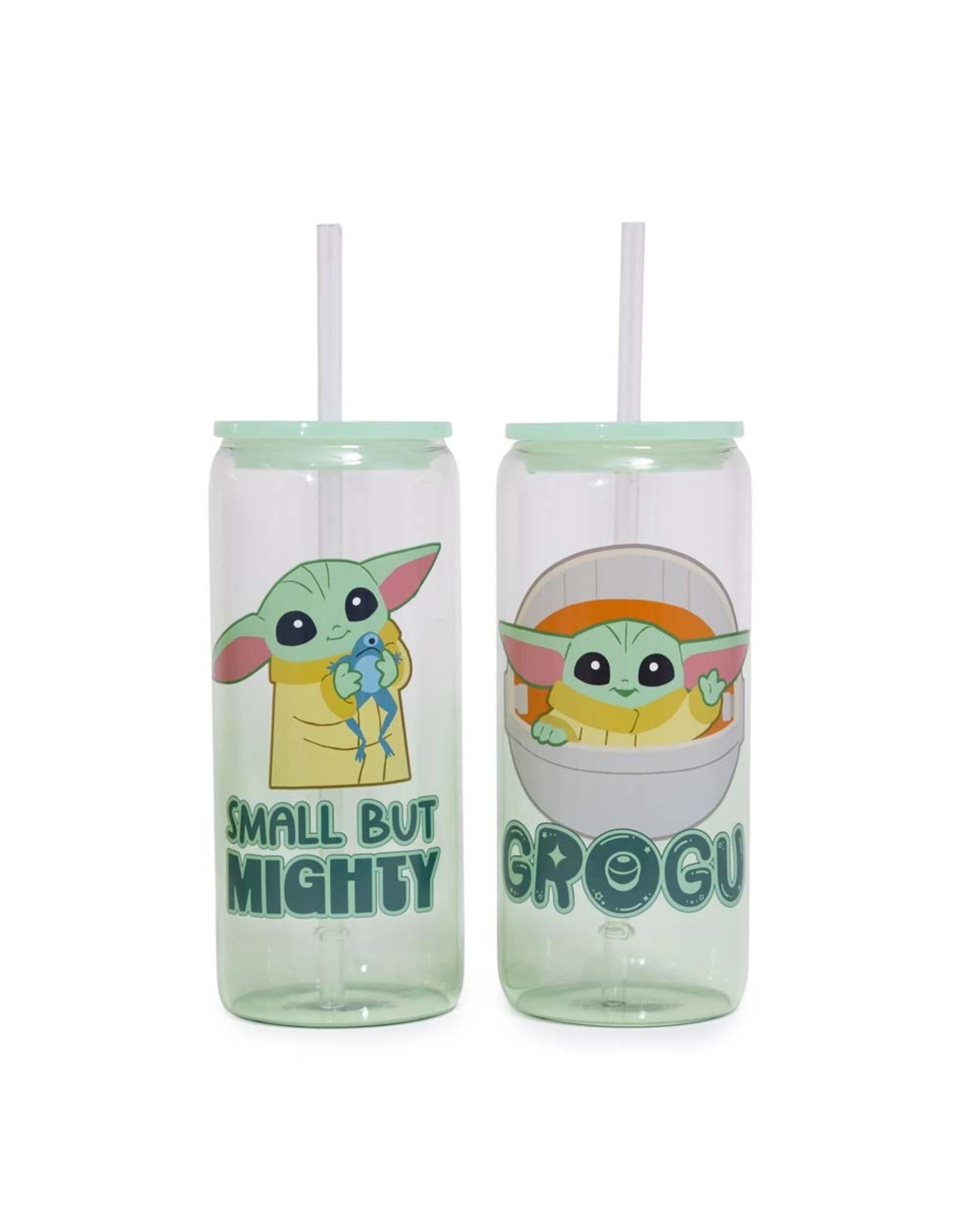 1 Star Wars - The Mandalorian - Grogu Glass Cup with Straw Twin Pack - Green, 1 of 4