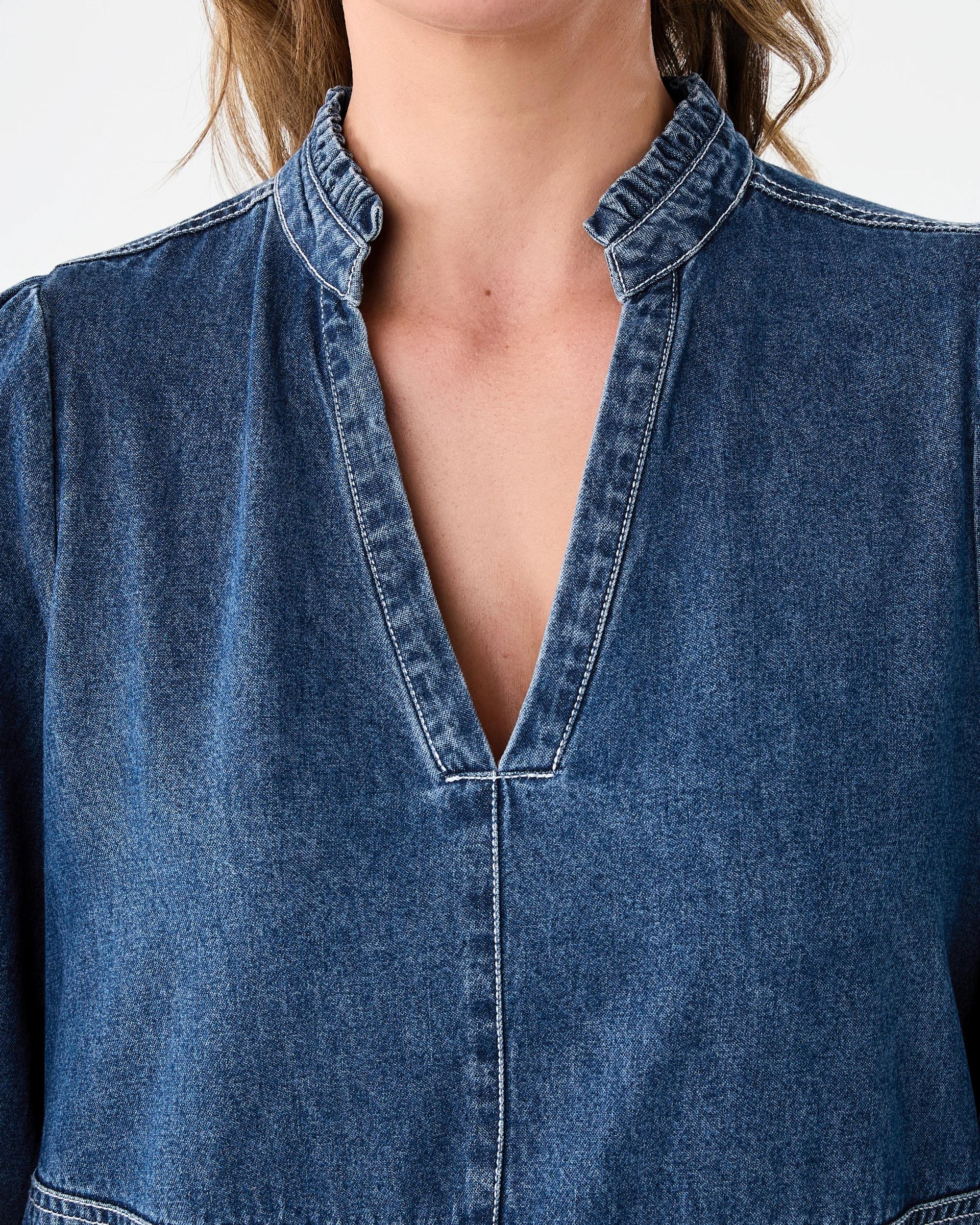 5 Long Sleeve Denim Notch Neck Maxi Dress Mid Wash, 5 of 7