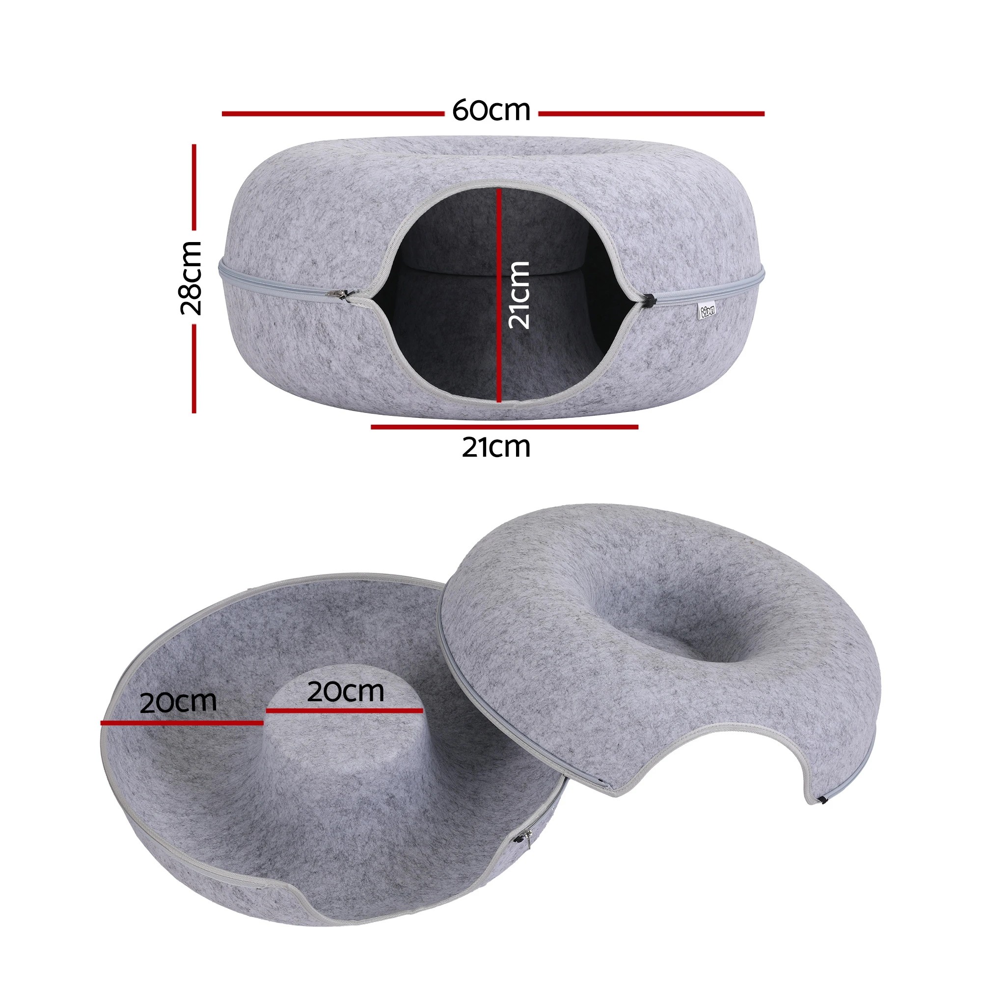 2 i.Pet Cat Bed with Cat Tunnel 60x28CM Donut Bed Felt Cave Hideaway Detachable - Grey, 2 of 8
