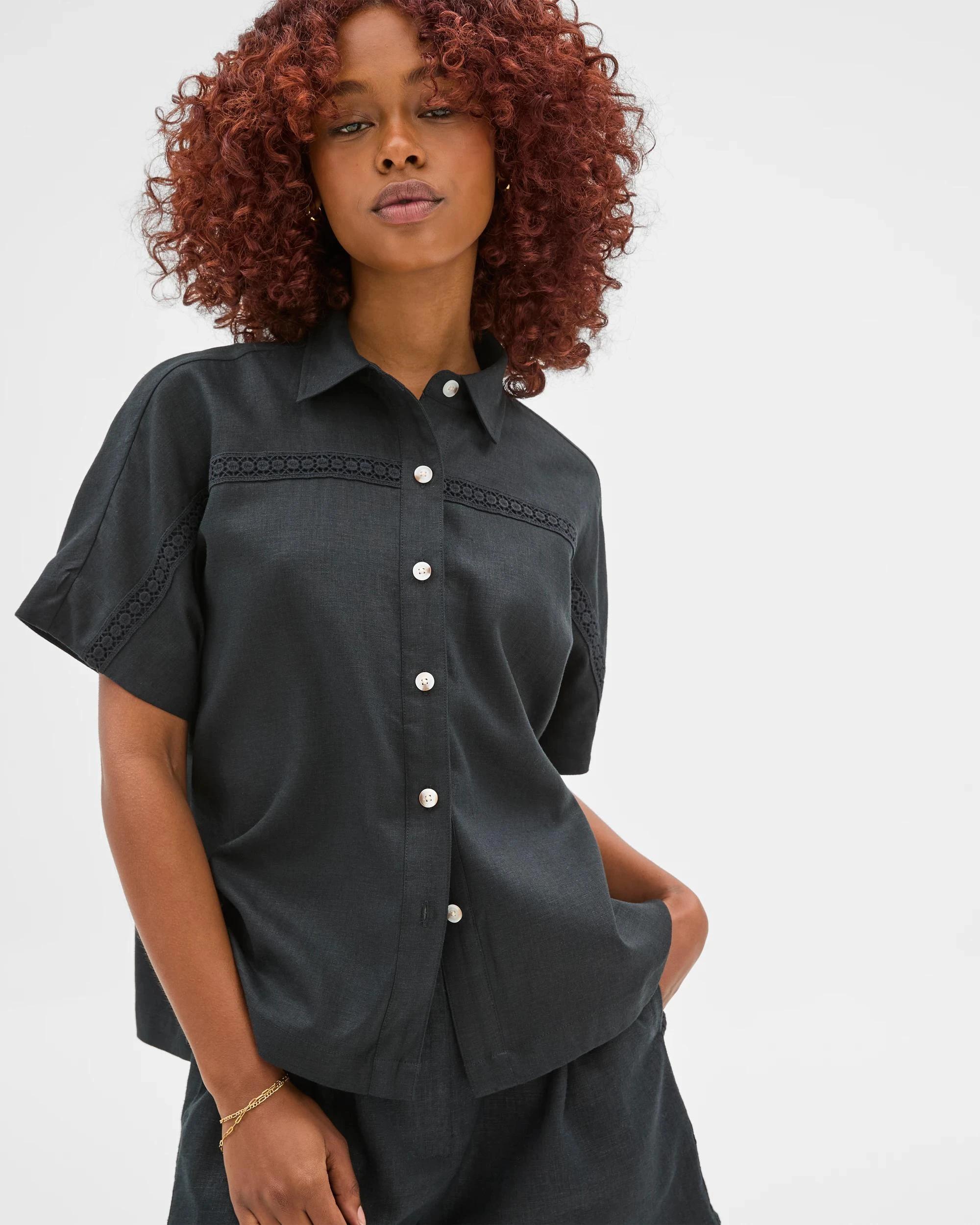 1 Target Petites Linen Blend Crochet Trim Shirt BLACK, 1 of 6