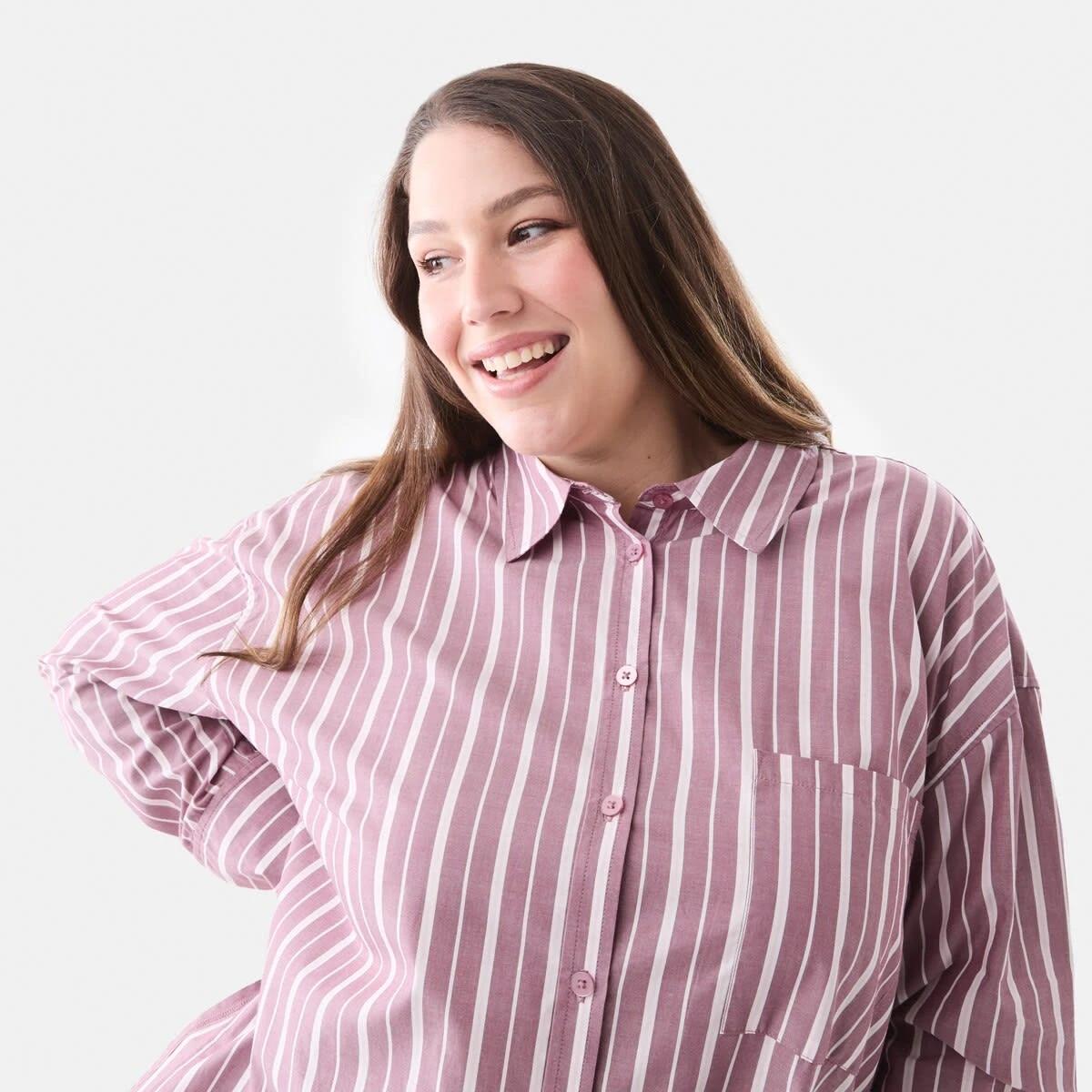 4 Curve Long Sleeve Boyfriend Shirt Berry Strp, 4 of 5