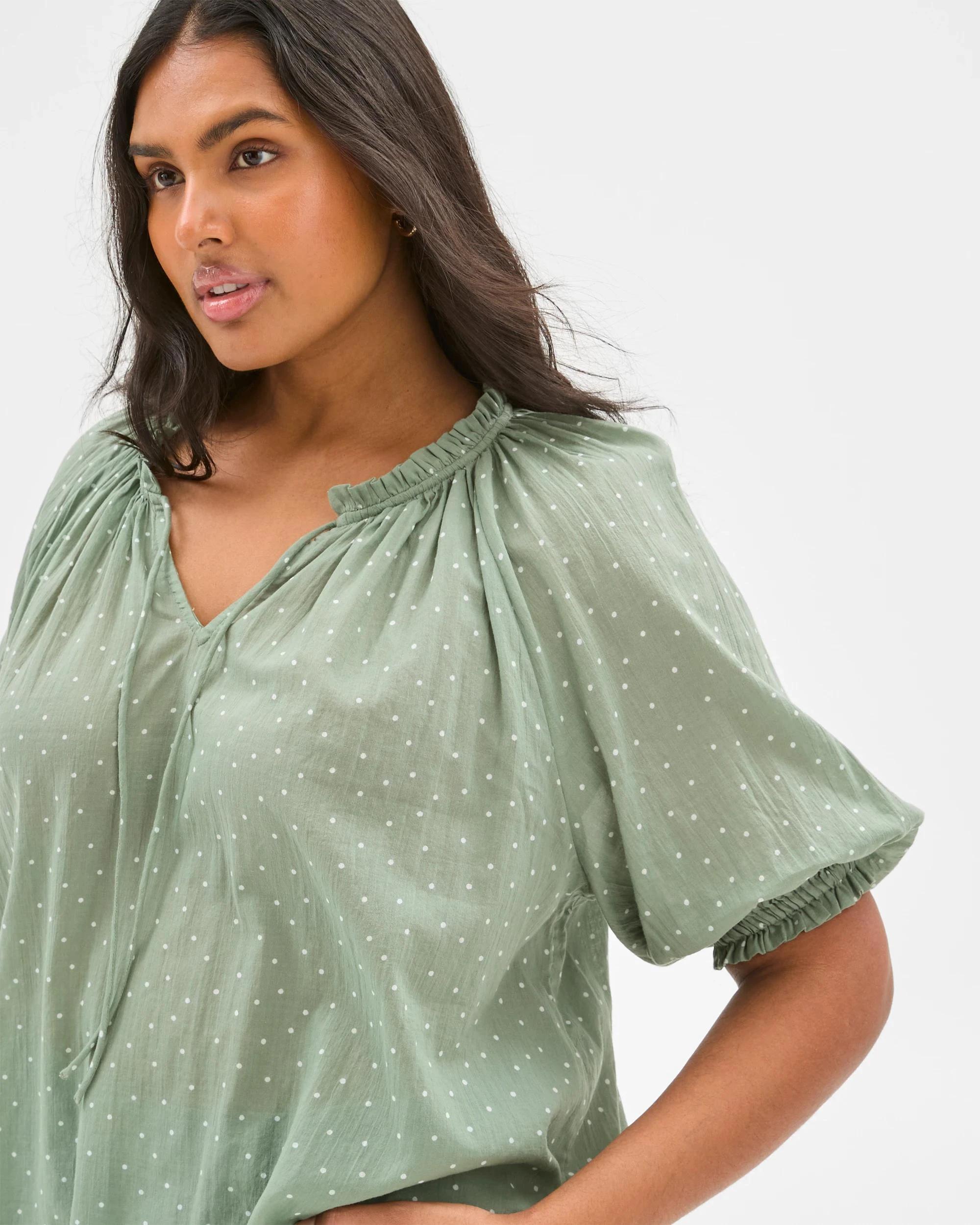 1 Target Plus Size 3/4 Poet Sleeve Blouse SEAGRASS SPOT, 1 of 6