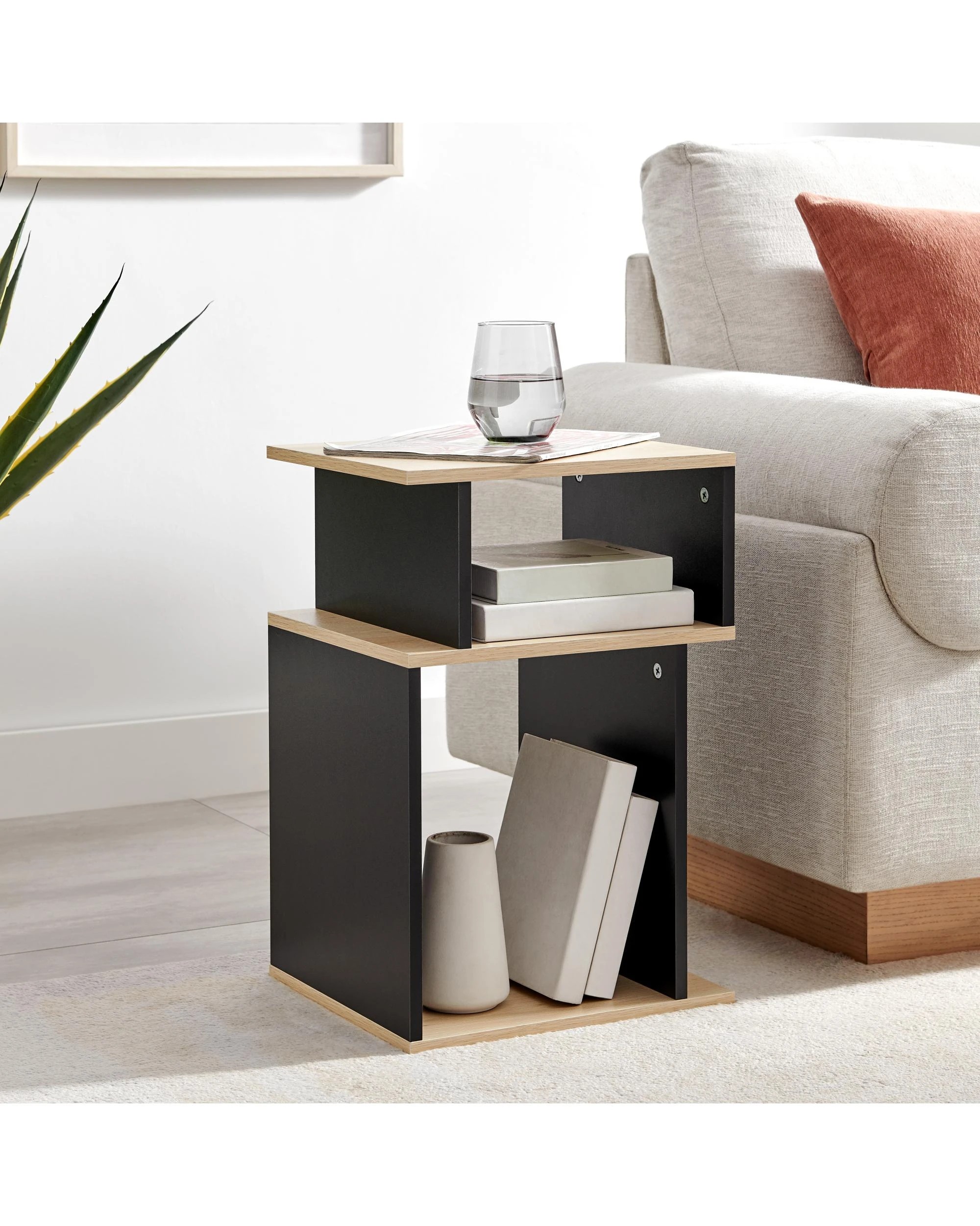 3 Kodu Small 2 Tier Side Table Storage Shelf Unit Oak Look - Black, 3 of 9