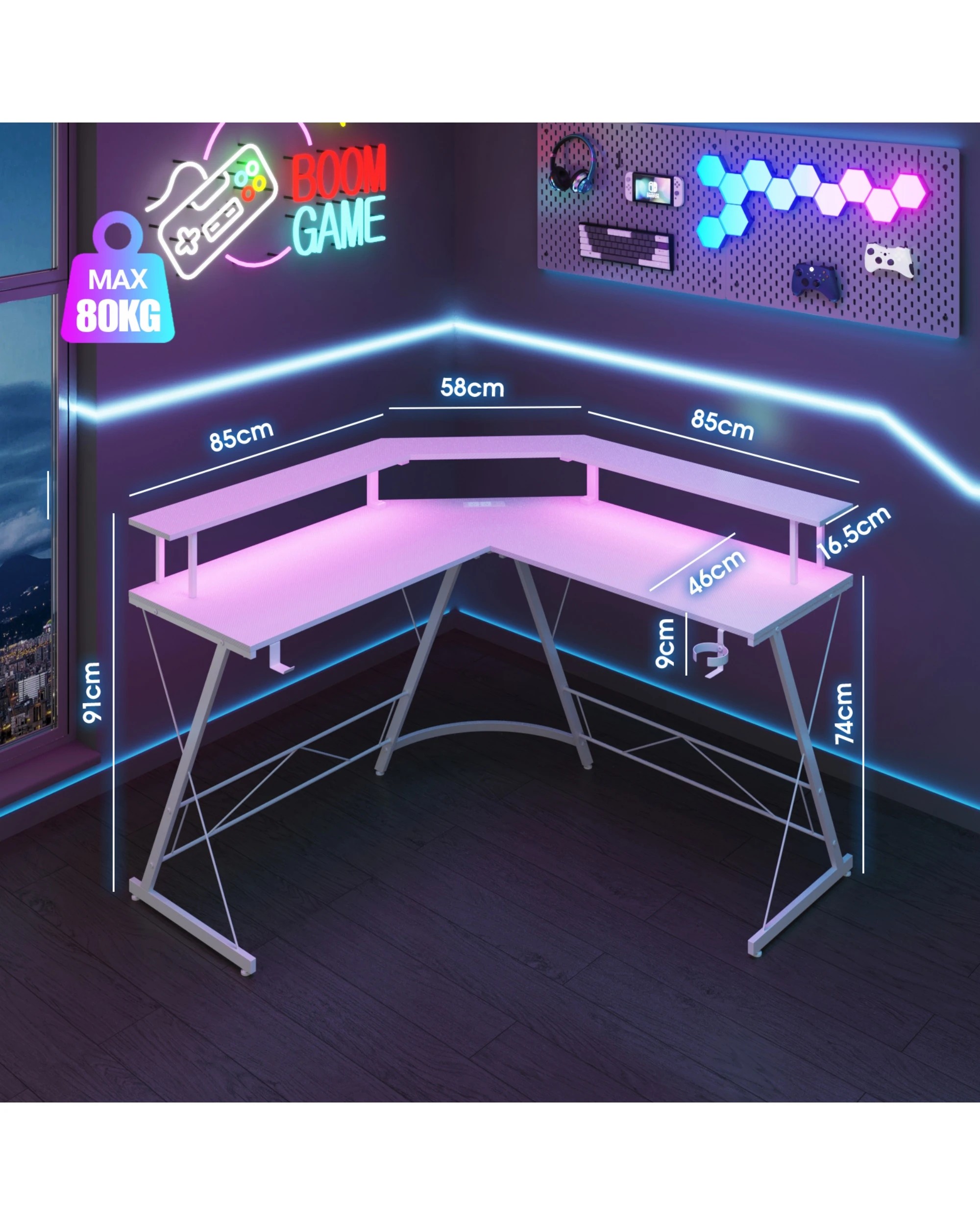 1 Advwin White L Shaped Gaming Desk With Led Lights & Power Outlets, 1 of 8