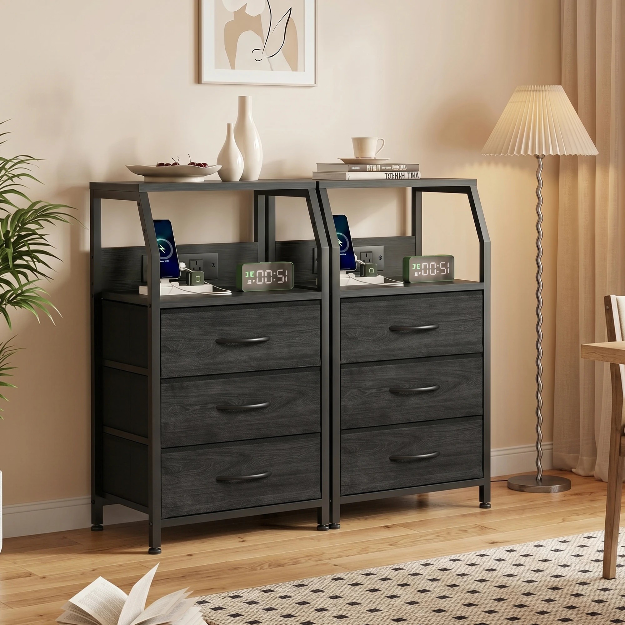 2 Advwin Set of 2 Bedside Table with Charging Station 3 Fabric Drawers Nightstand - Black, 2 of 9