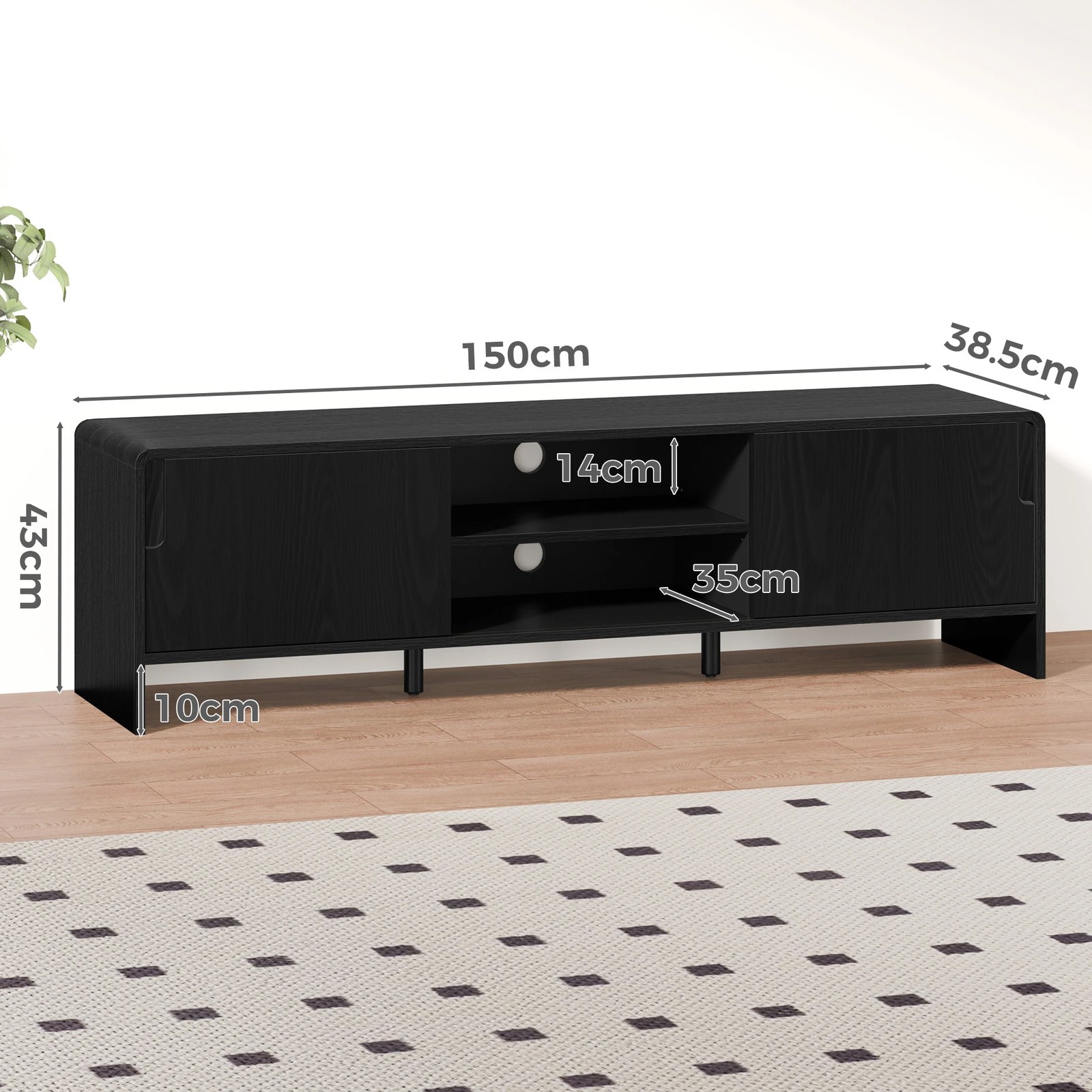 3 Alfordson Entertainment Unit TV Cabinet Stand 150cm Storage Sliding Doors Shelf - Black, 3 of 10