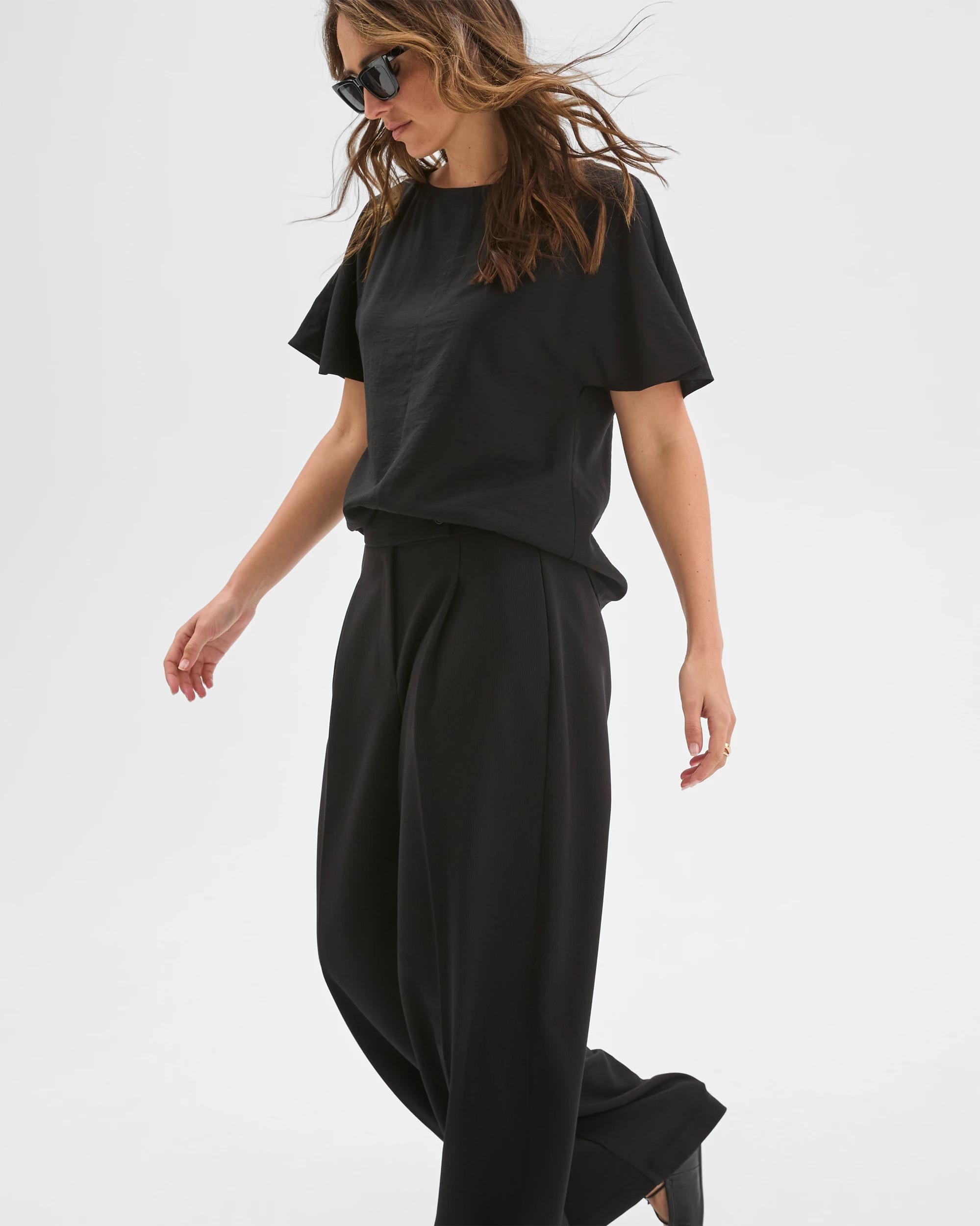 4 Preview Short Flutter Sleeve Textured Blouse BLACK, 4 of 6