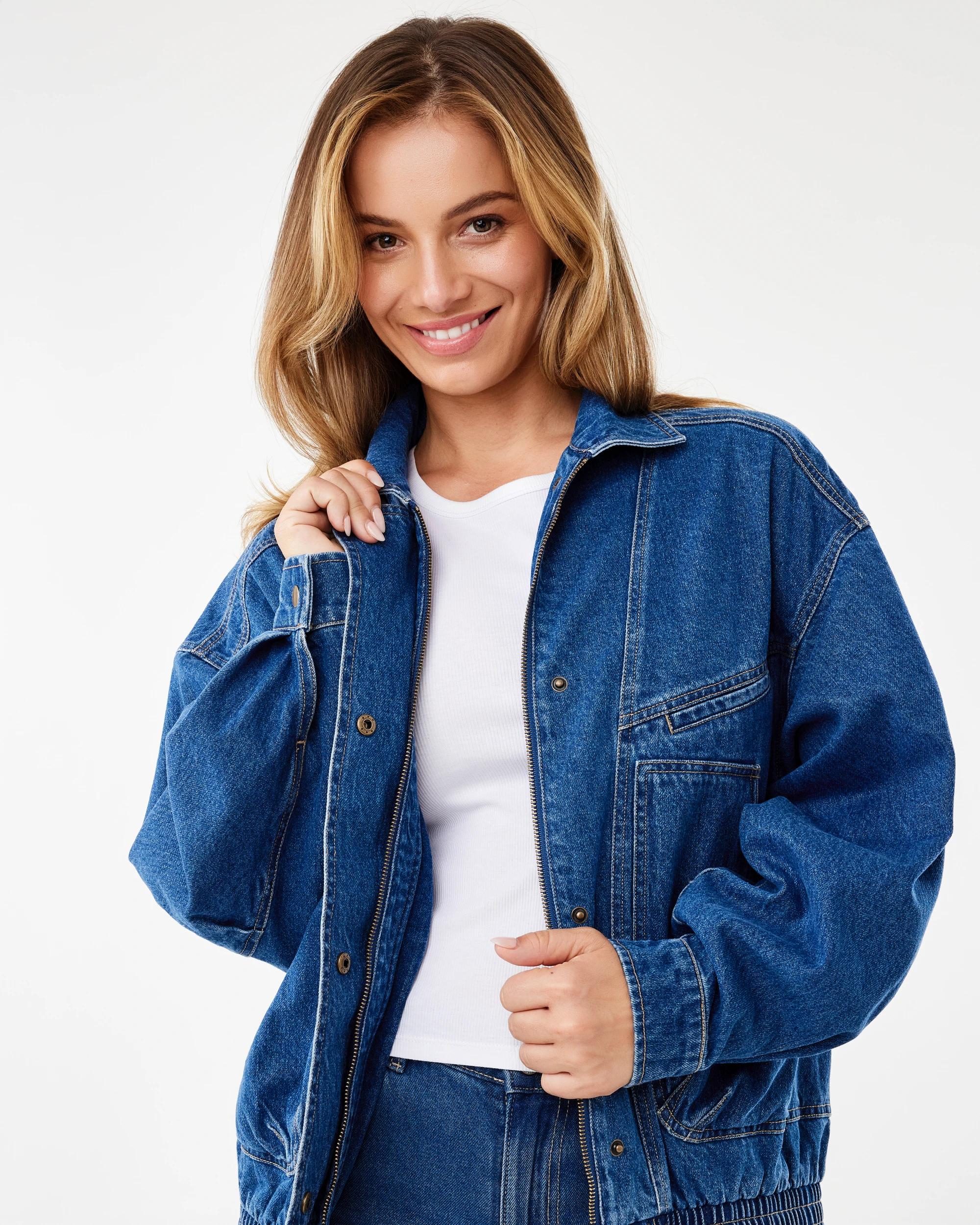 5 Oversized Denim Bomber Jacket Mid Wash, 5 of 7