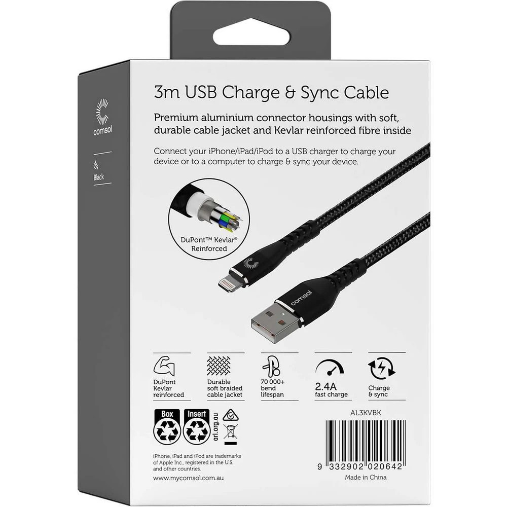 7 Comsol Kevlar Lightning to USB-A MFi Cable 3m Black, 7 of 7