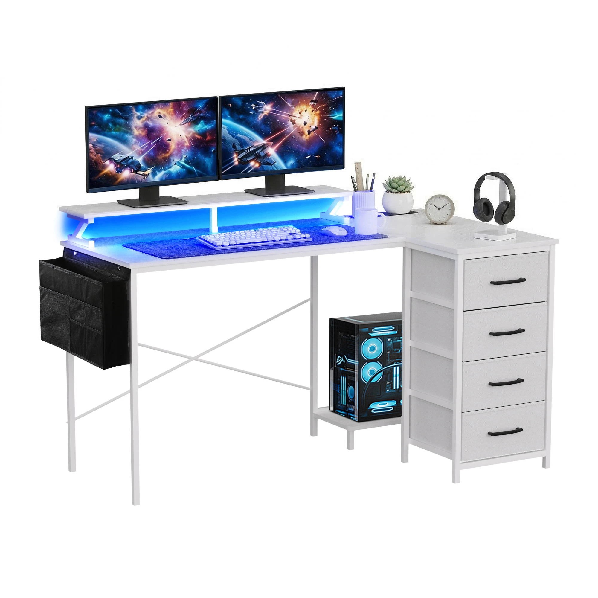 1 Artiss 140cm L Shaped Gaming Desk Computer Desk with LED Lights & Power Outlets - White, 1 of 5