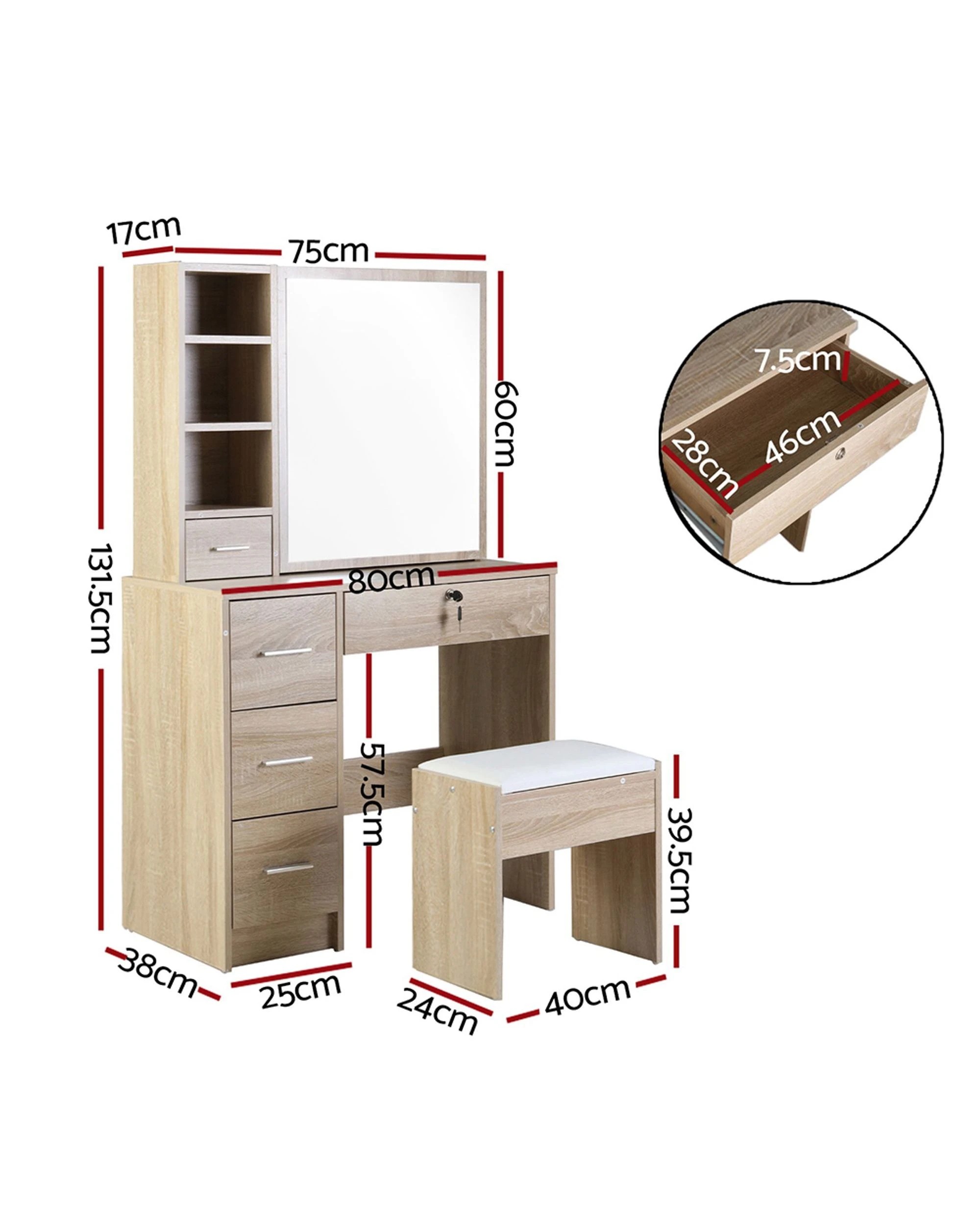 2 Artiss Dressing Table Stool Set Sliding Mirror
 - Brown, 2 of 3