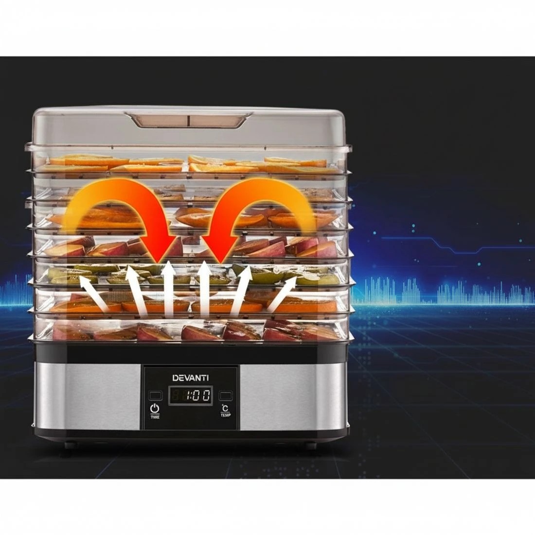 6 Devanti 7 Tray Stainless Steel Food Dehydrator Adjustable Temperature Timer Removable Trays Silent Drying - silver, 6 of 8