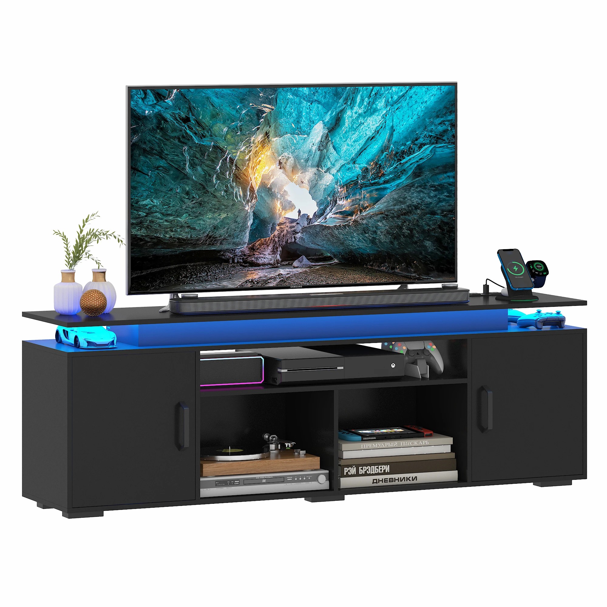 1 Advwin LED TV Cabinet 140cm Entertainment Center TV Stand Media Console Table Storage Cabinets - Black, 1 of 9
