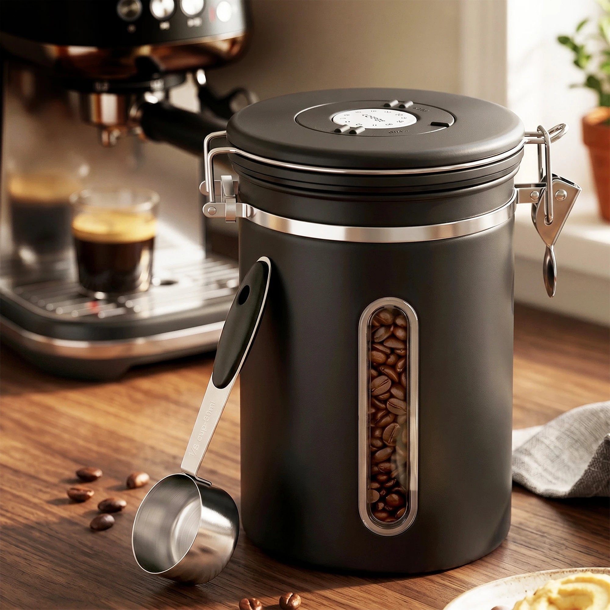9 5-Star Chef 1.8L Stainless Steel Coffee Bean Storage Container Coffee Canister with Window & Scoop Coffee Jar - Black, 9 of 9