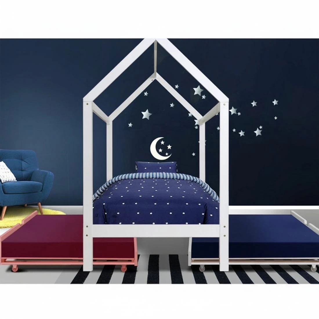 4 Artiss Bed Frame Wooden Trundle Daybed Kids House Frame  HOLY - White, 4 of 4