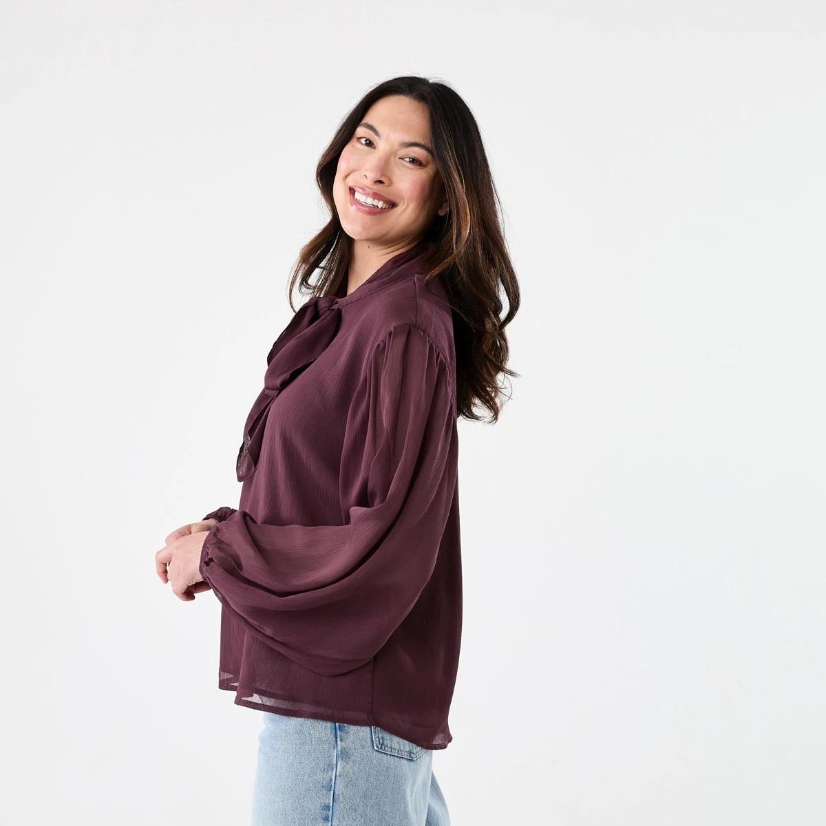 2 Long Sleeve Neck Tie Blouse Mulberry, 2 of 6
