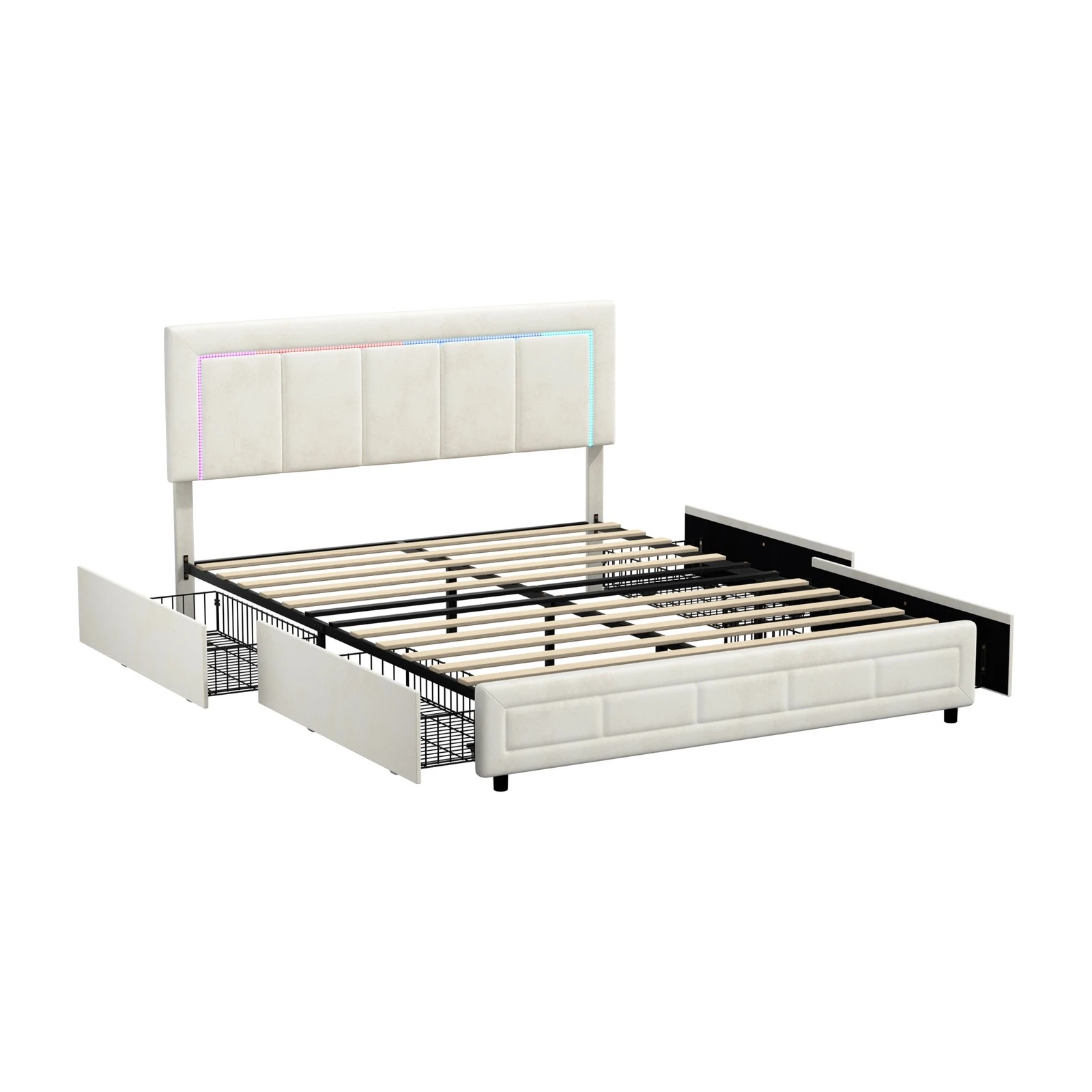 9 Oikiture LED Double Bed Frame With 4 Storage Drawers & Charging Station - Beige, 9 of 9