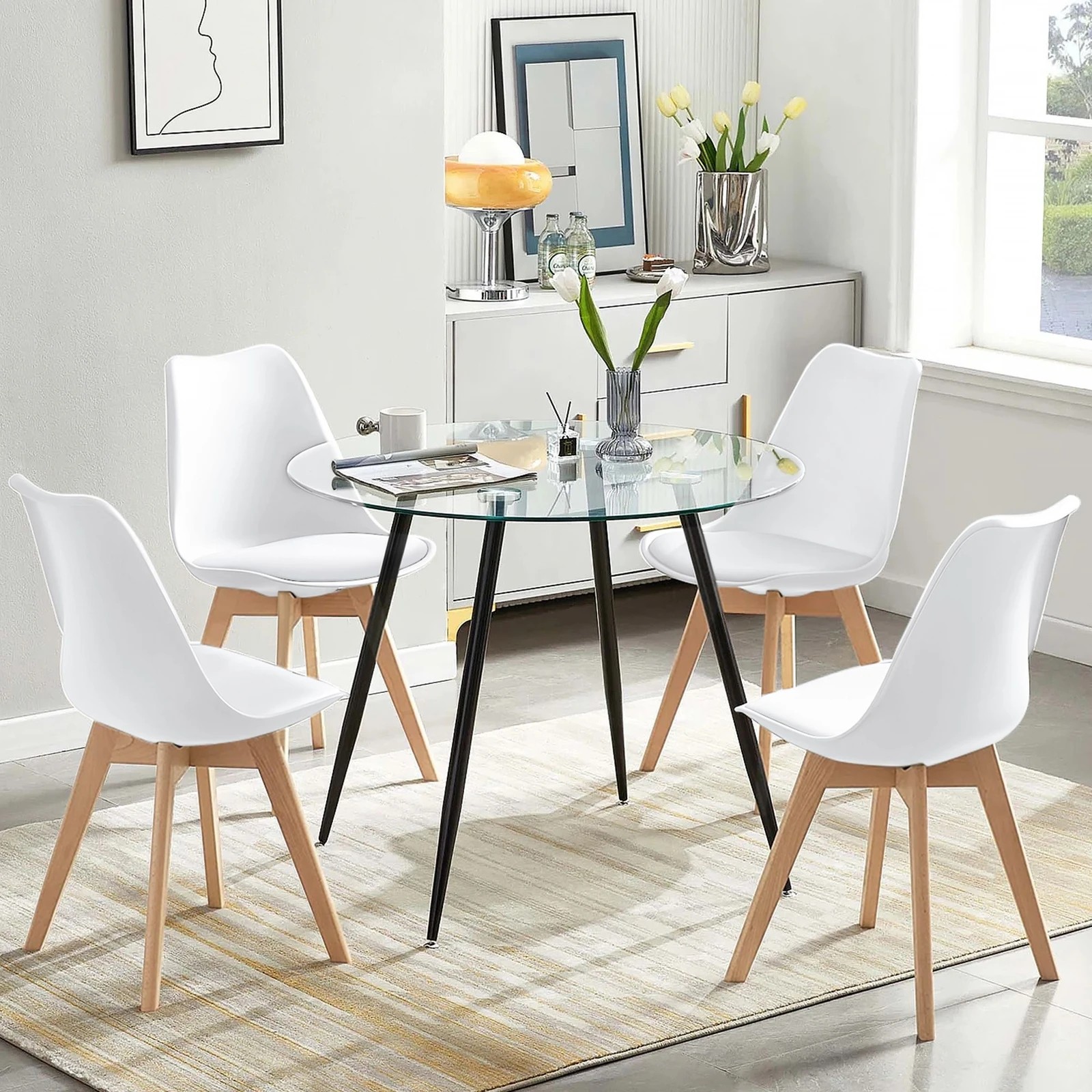 4 Alfordson 4x Dining Chairs Padding Retro PU Leather Kitchen Lounge Wooden - White, 4 of 10