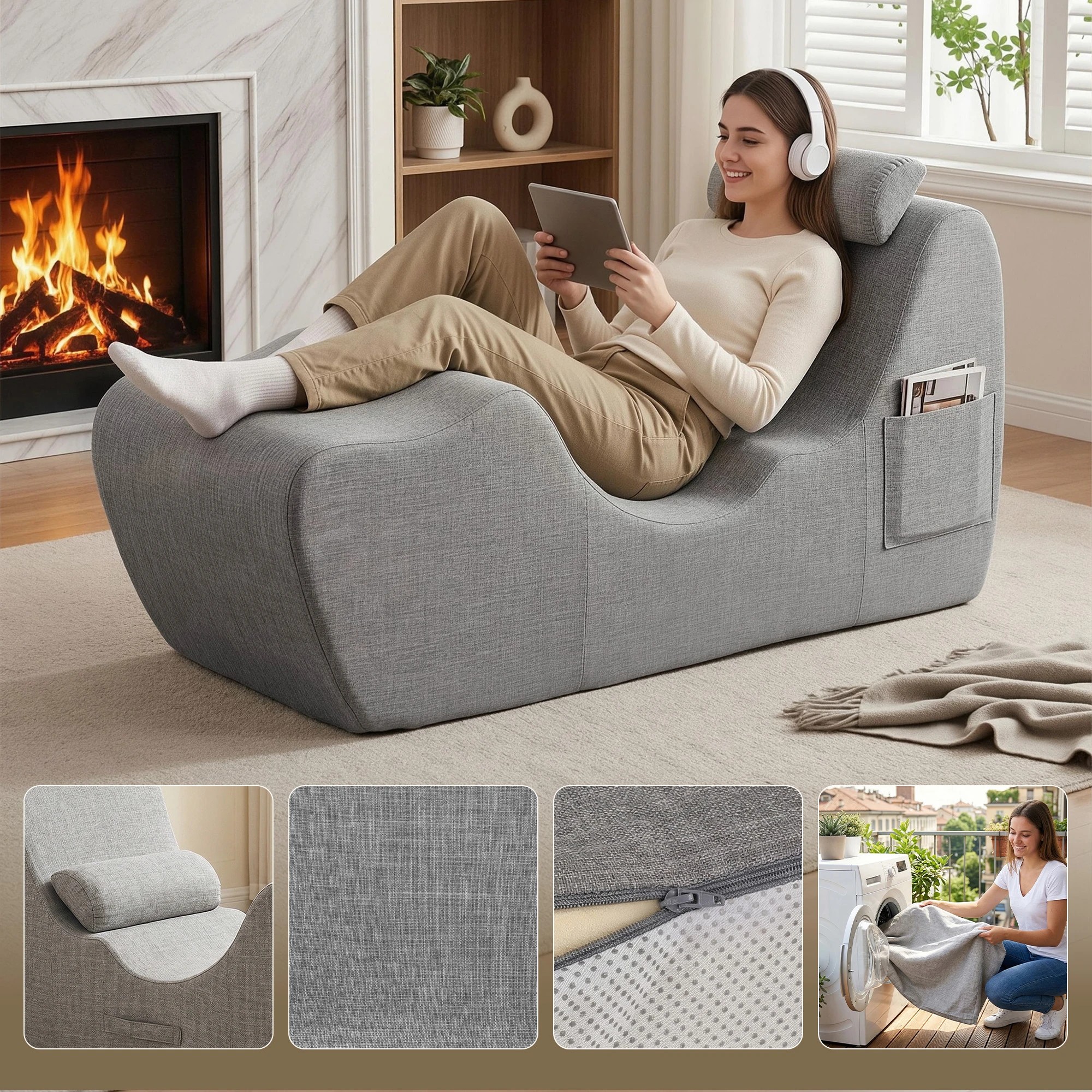 7 Artiss Chaise Lounge Chair Ergonomic S-Curve Floor Lounger Boneless Lounge Chairs - Grey, 7 of 8