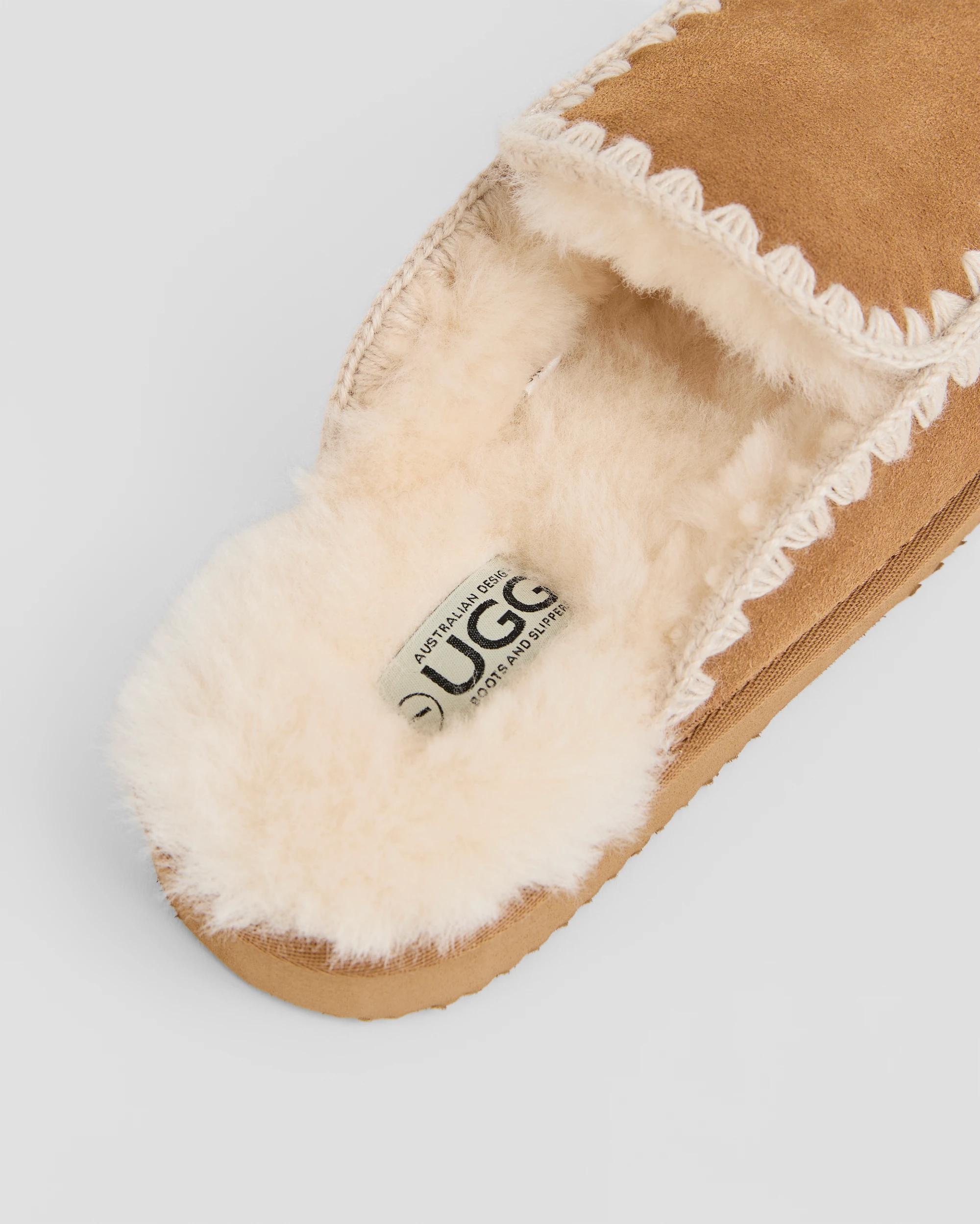 3 Australian Design Ugg Boots and Slippers Australian Design Ugg Sheepskin and Leather Stitched Scuff CHESTNUT, 3 of 4