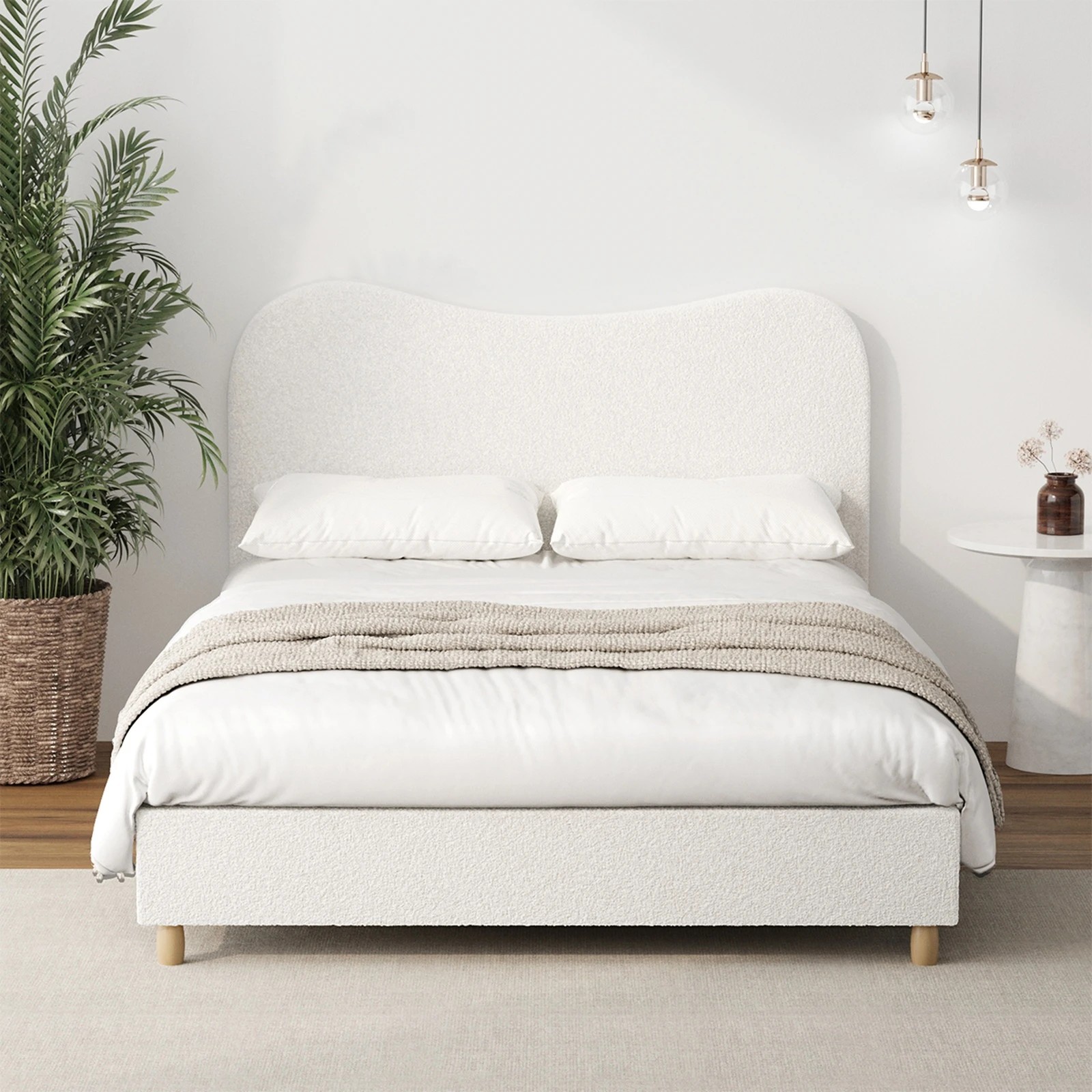 3 Oikiture Double Bed Frame Boucle Cloud Shape Headboard
 - White, 3 of 10