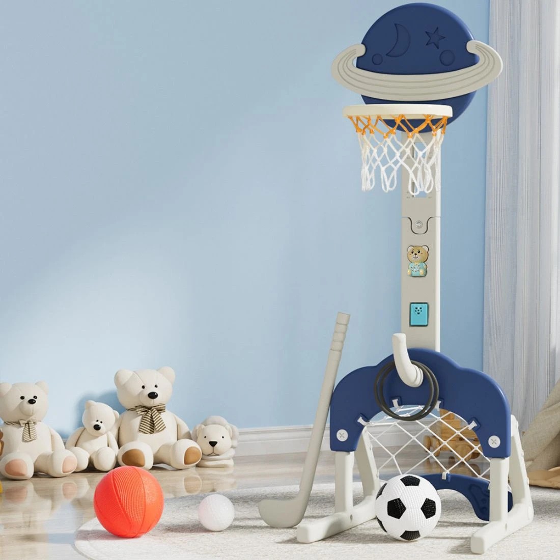 3 Keezi Kids Basketball Hoop Stand Adjustable 6-in-1 Sports Center Toys Set - Blue, 3 of 8