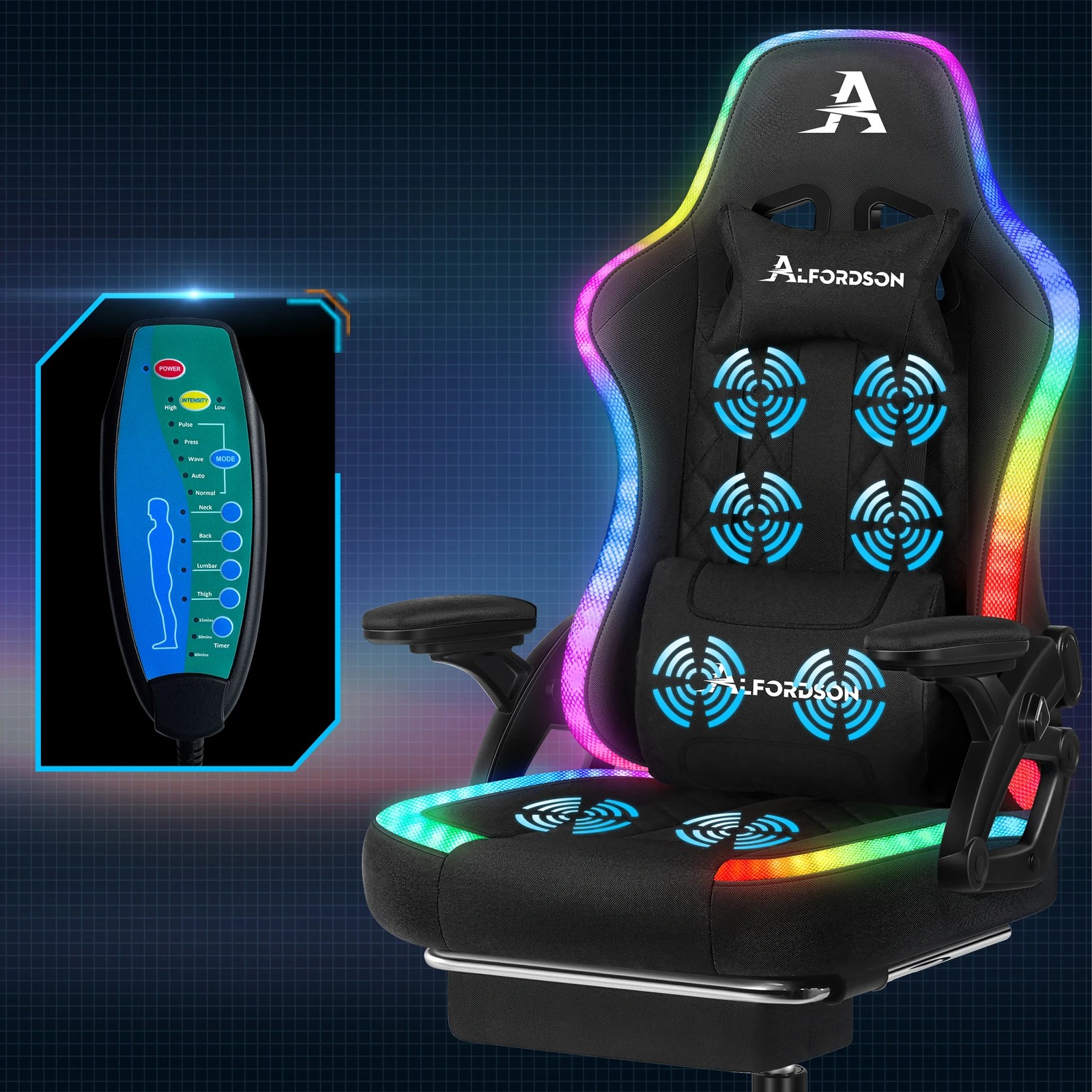 3 Alfordson Gaming Chair Office Massage 12 RGB LED Computer Fabric - Black, 3 of 10