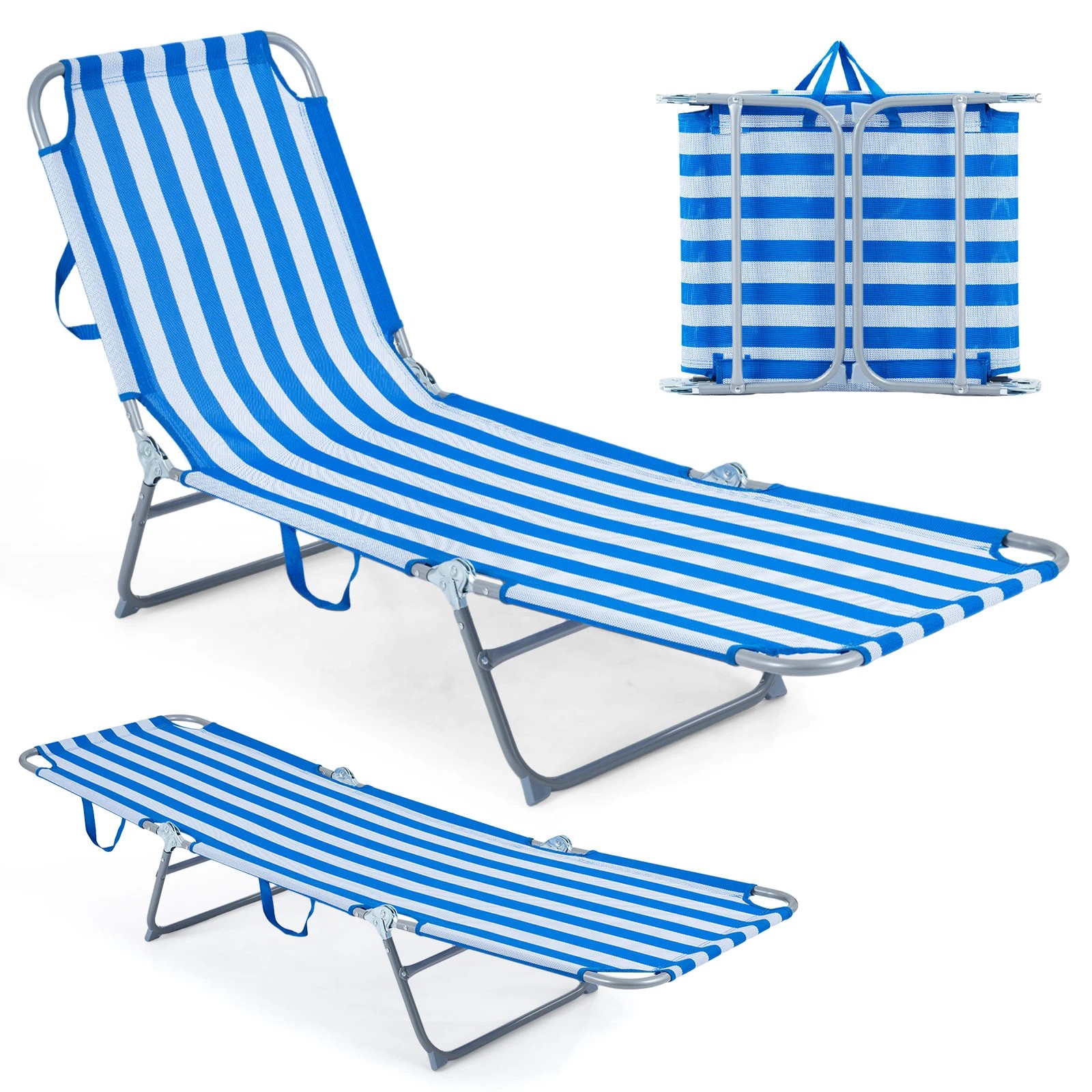 1 Costway Folding Sun Lounger Beach Reclining Chair w/Adjustable Backrest & Footrest - Blue, 1 of 5