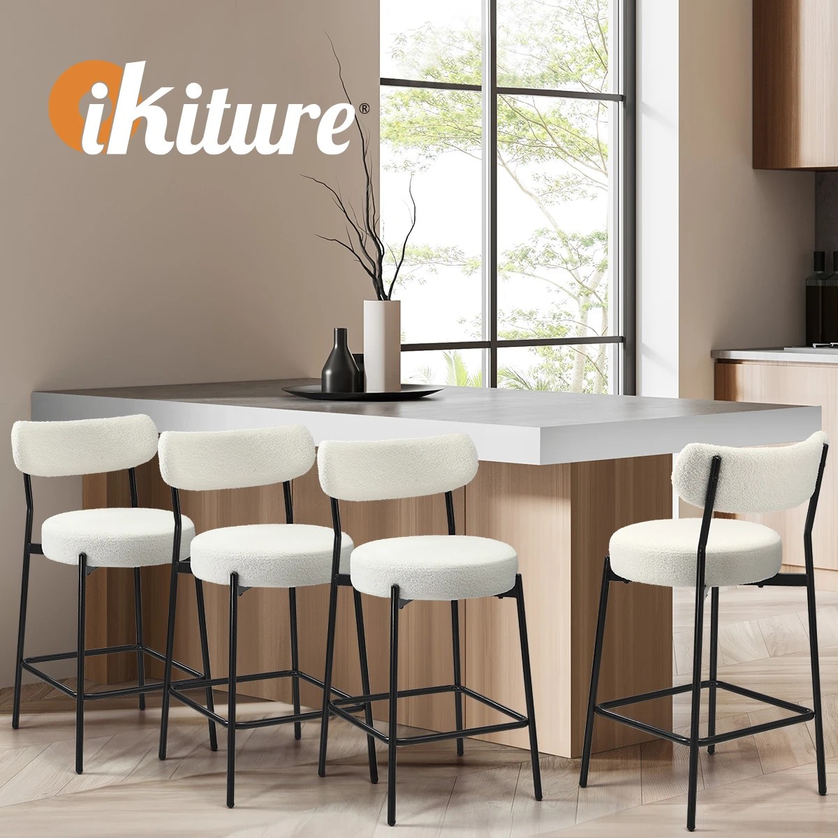 5 Oikiture 4x Bar Stools Kitchen Dining Chairs Counter Stool Boucle Fabric
 - White, 5 of 10