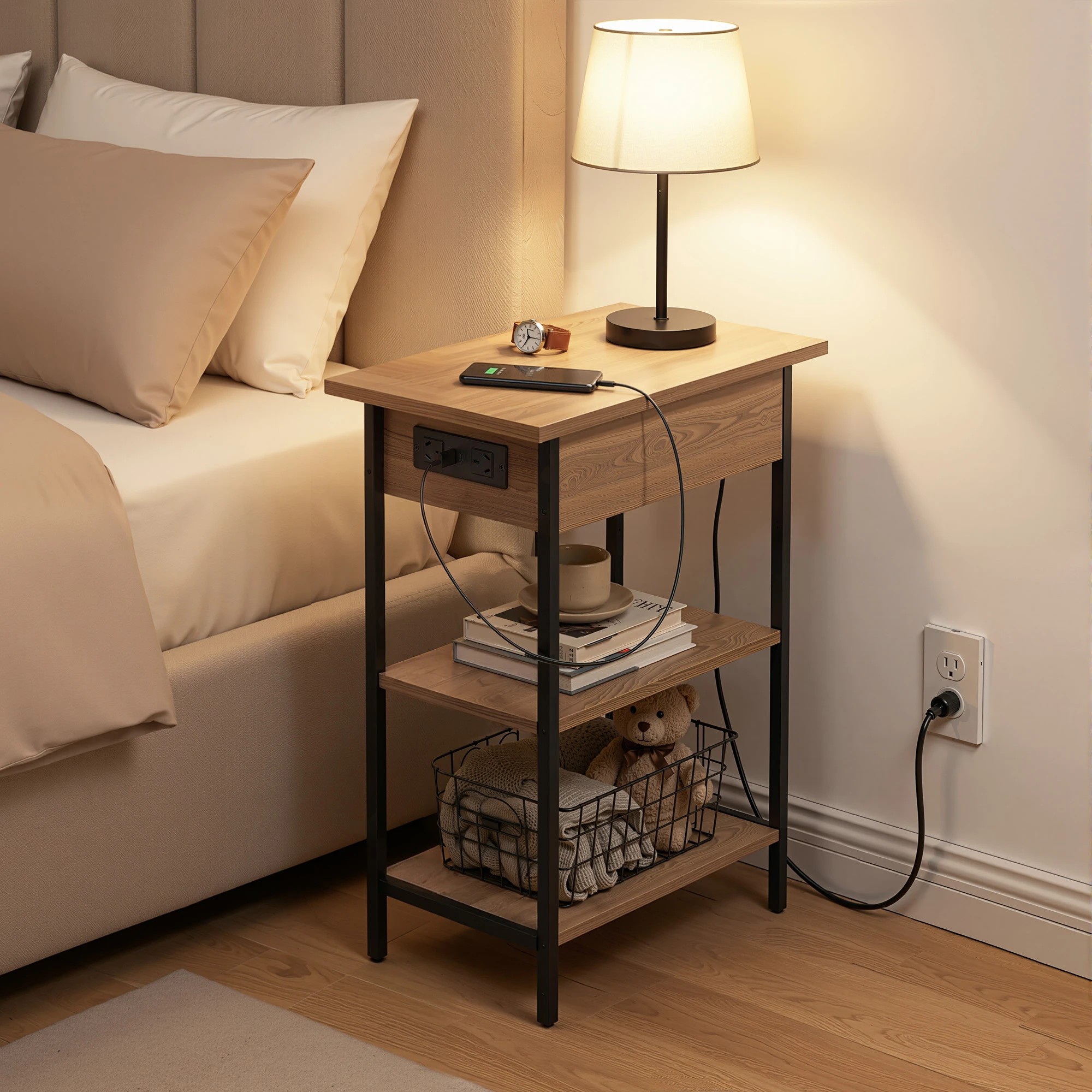 3 Artiss Coffee Table Side Bedside End Table Charging Station Flip-Top Storage 60cm Wood - Black, 3 of 7